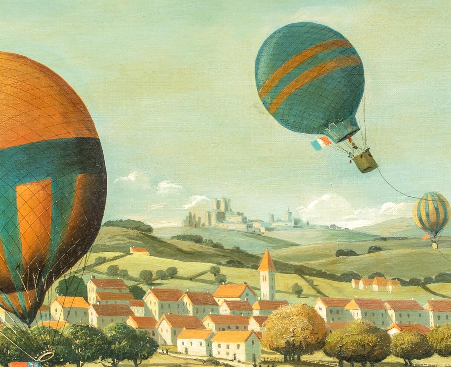 Hot Air Balloon Race Landscape, circa 1900  English School - signed W H NEWTON - Brown Landscape Painting by Unknown