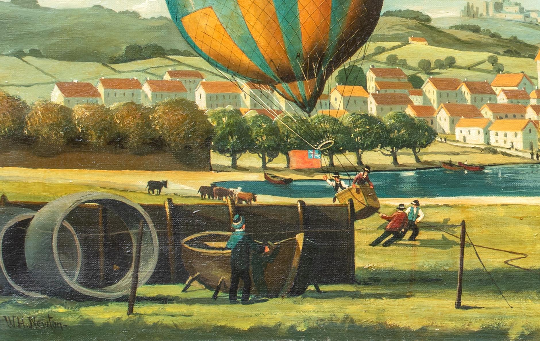 Hot Air Balloon Race Landscape, circa 1900

English School - signed W H NEWTON

Large 19th Century Landscape view of a town by the river with figures in the foreground with a hot air balloon, oil on canvas by W H Newton. Rare early original painting
