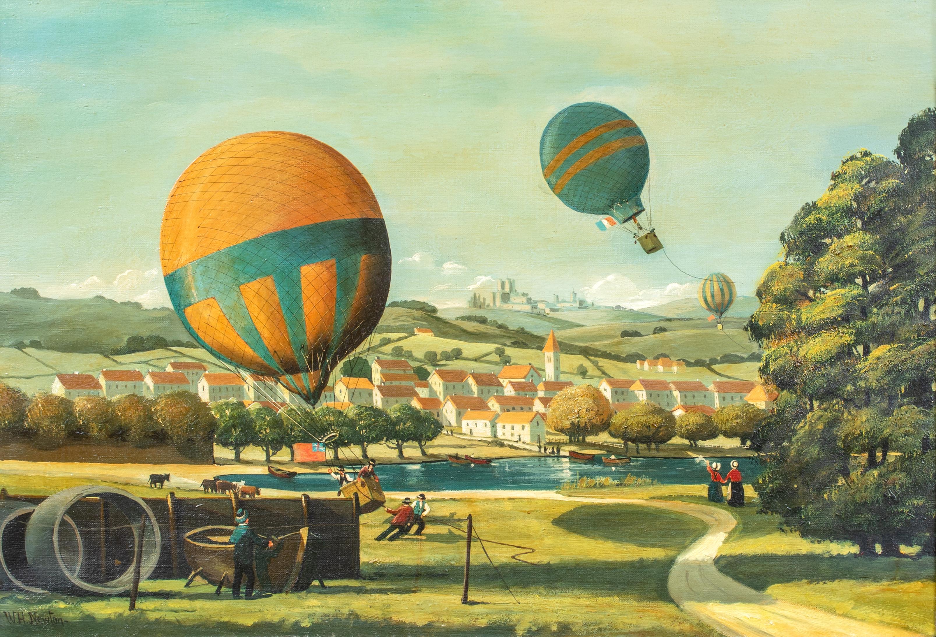 Landscape Painting Unknown - Paysage de course de ballons d'aviation aérienne, vers 1900  École d'Angleterre - signée W H NEWTON