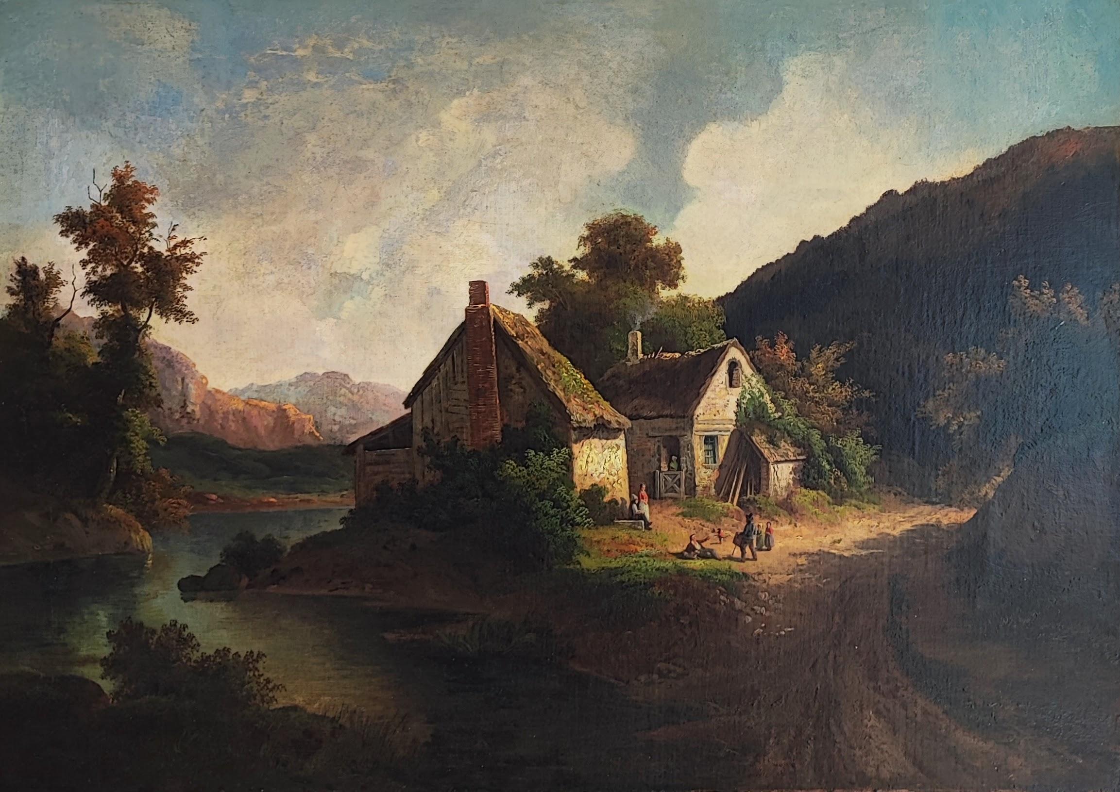 Unknown Landscape Painting - House and characters at the water's edge