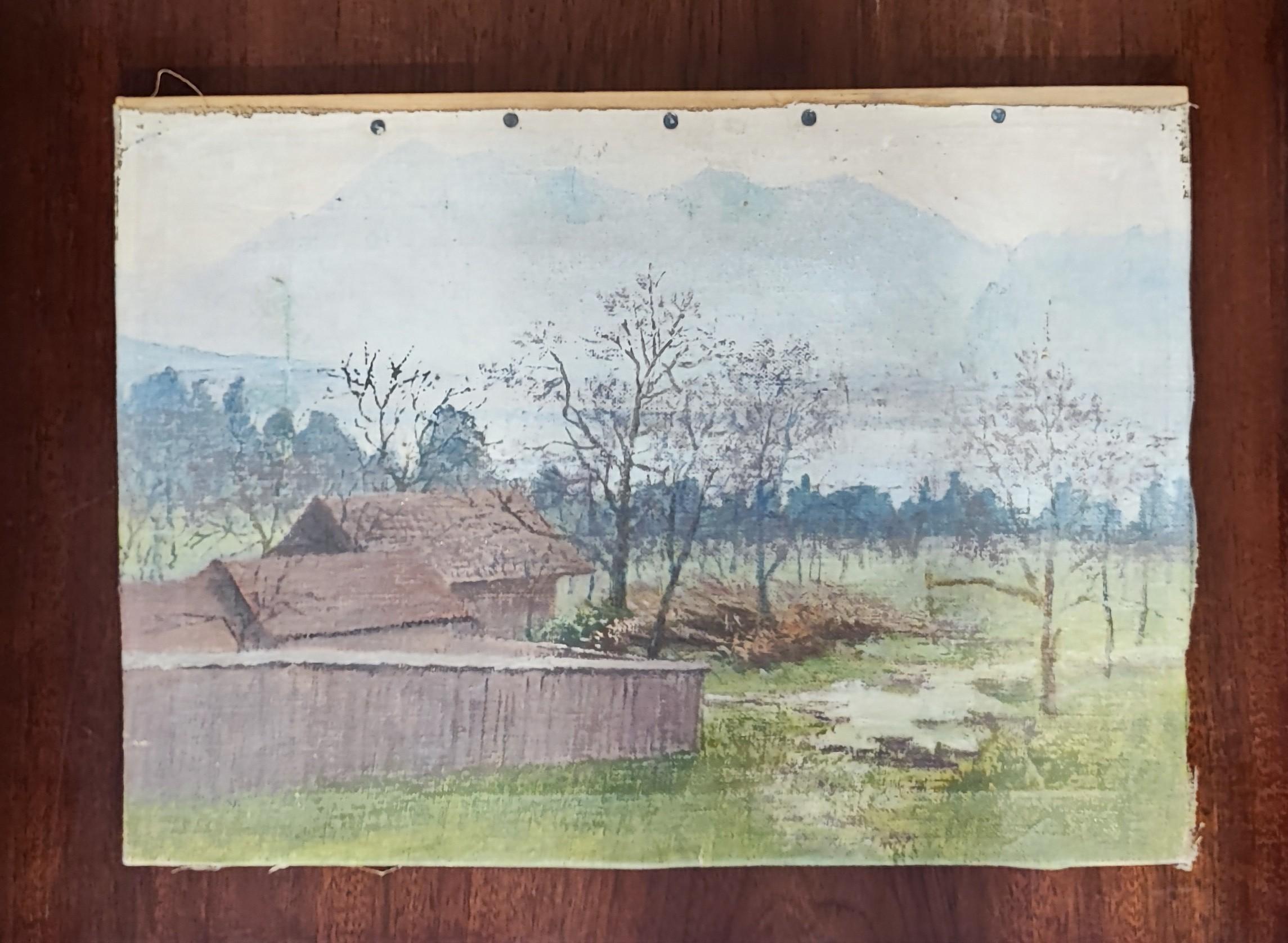 Haus am See und am Fuße der Berge – Painting von Unknown