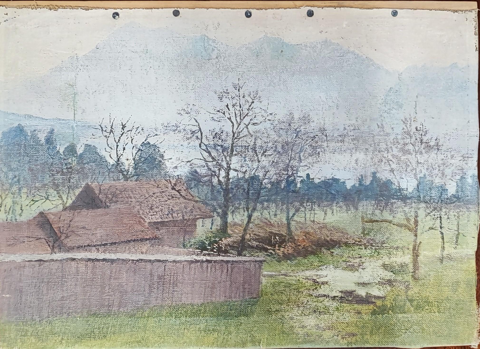 Unknown Landscape Painting - House by the lake and at the foot of the mountains