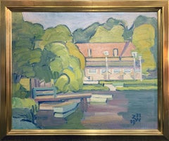Vintage House by the Lake, Landscape, Oil on Canvas, Signed, Dated, and Framed
