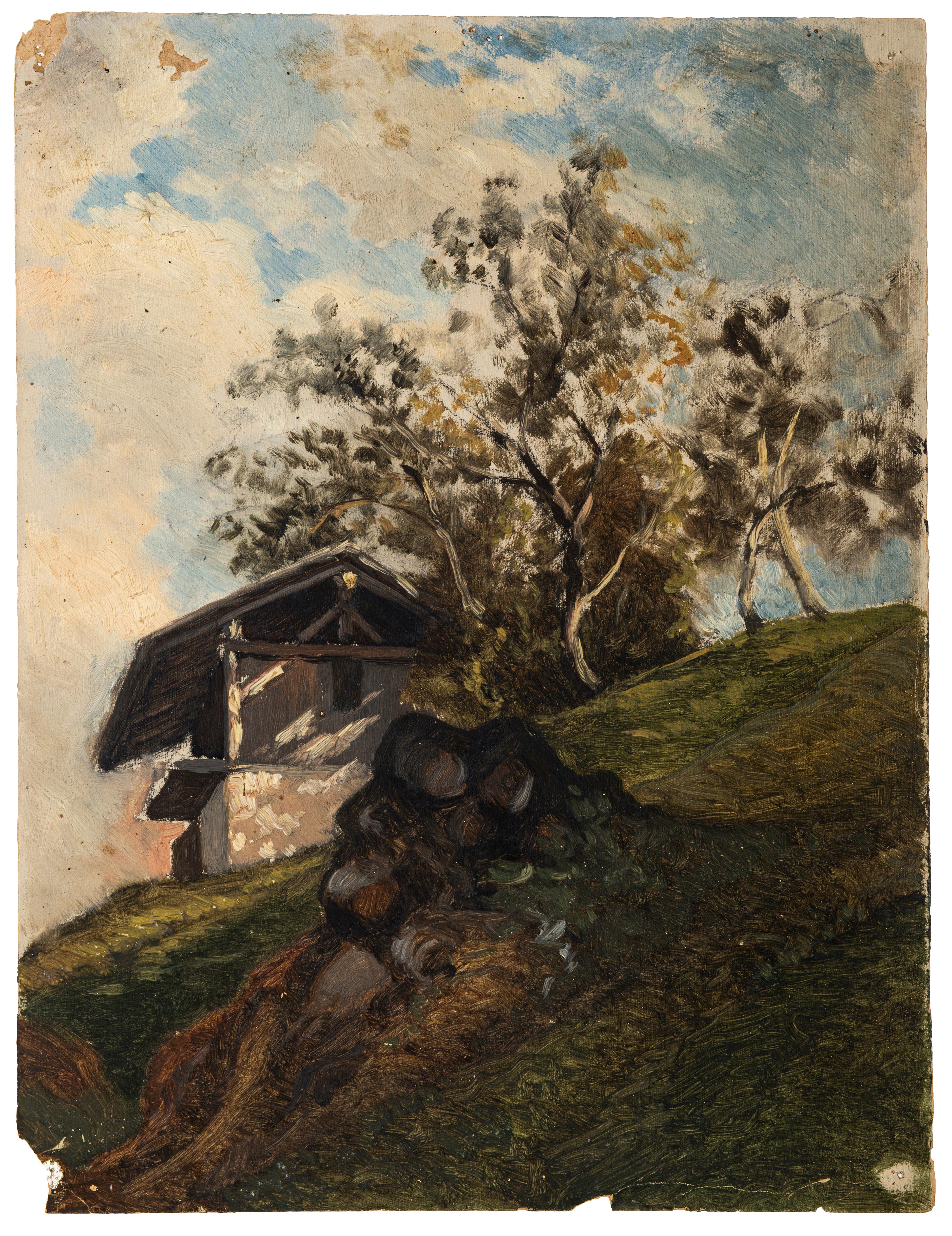 Unknown Landscape Painting - House in the Mountain - Oil on Board by french artist 20th Century