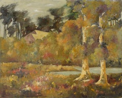 House In The Woods, 1964 - Peinture à l'huile originale sur massonite