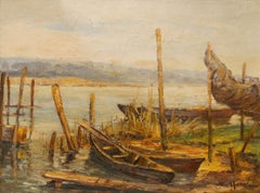 How - Framed Mid 20th Century Oil, Fishing Boats on the River