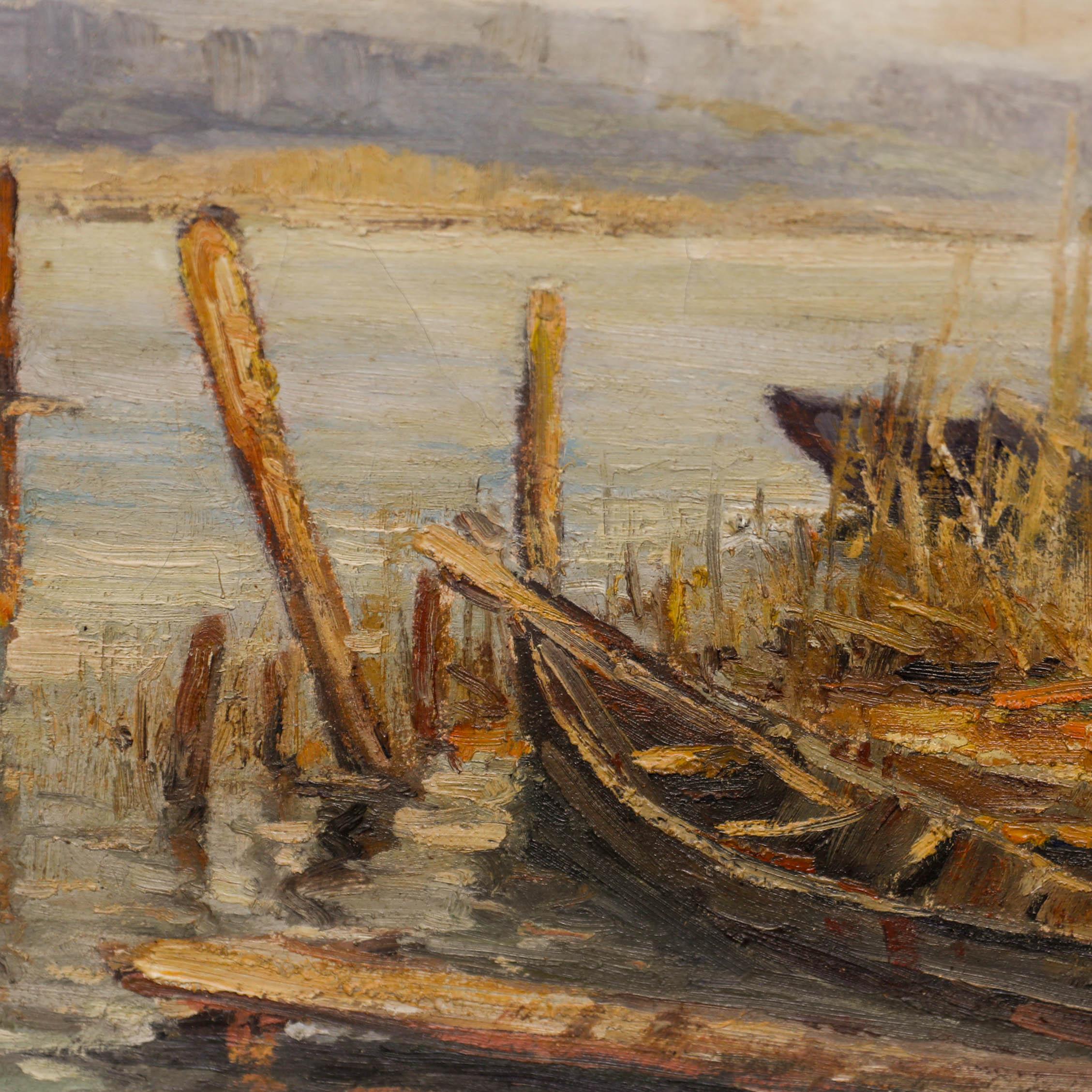Paysage fluvial à l'huile. Bien présenté dans un cadre orné de feuillages dorés. Signé en bas à droite. Sur toile sur châssis.