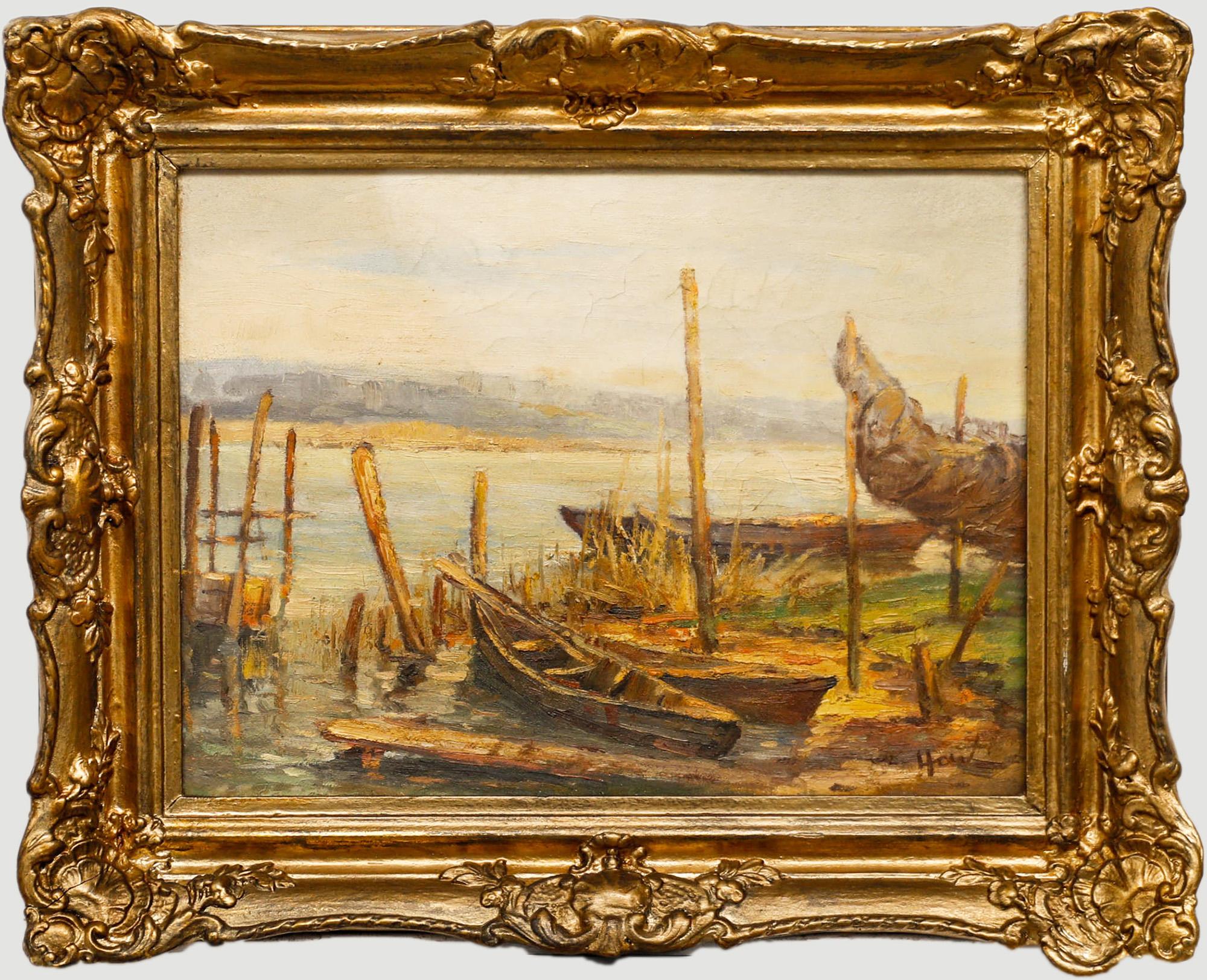 How - Gerahmtes Ölgemälde, Fishing Boats on the River, Mitte des 20. Jahrhunderts