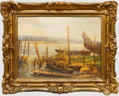 How - Framed Mid 20th Century Oil, Fishing Boats on the River