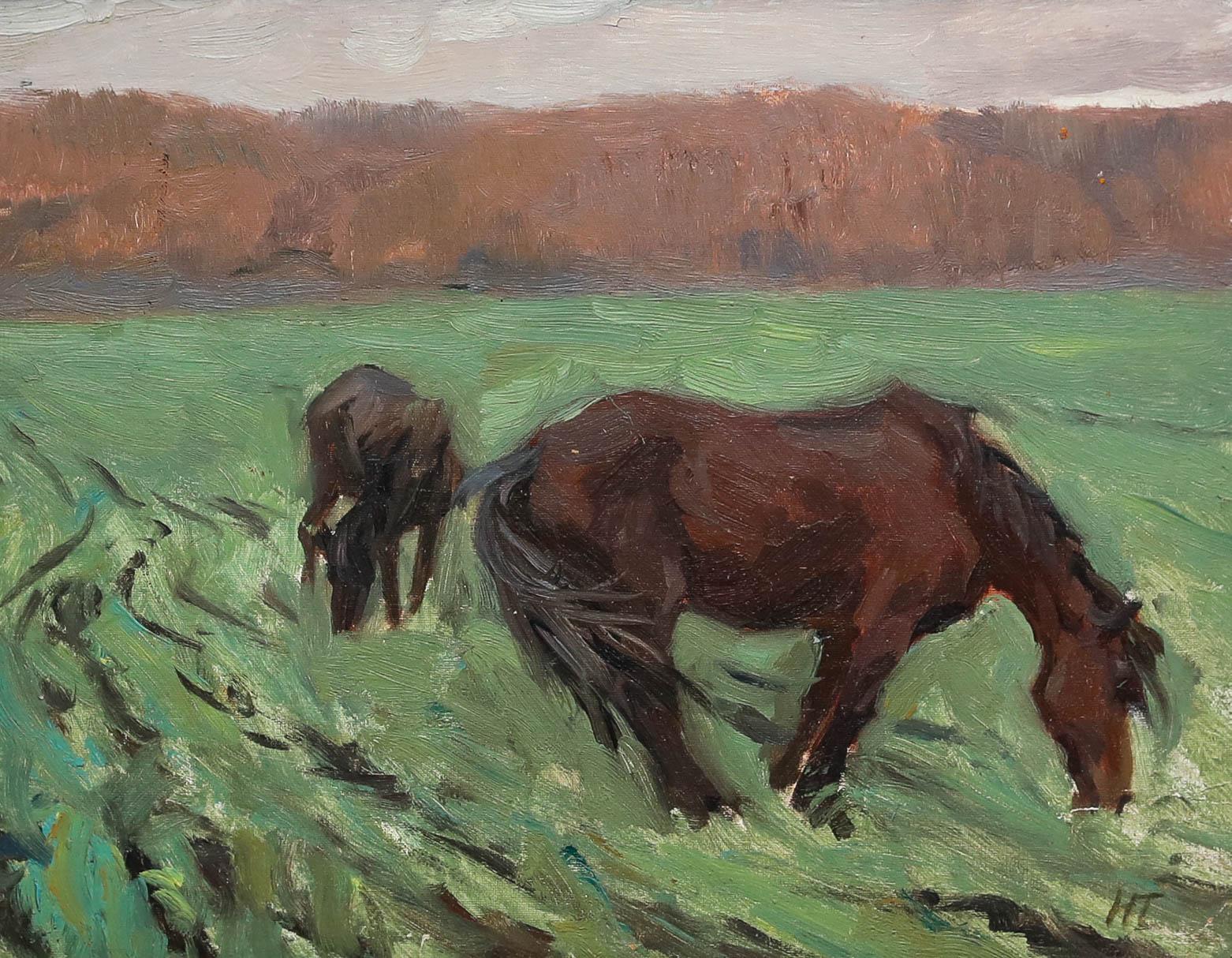 H.T.  - European School 20th Century Oil, Horses in the Meadow - Painting by Unknown