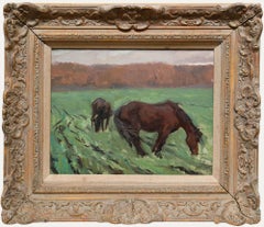 H.T.  - European School 20th Century Oil, Horses in the Meadow