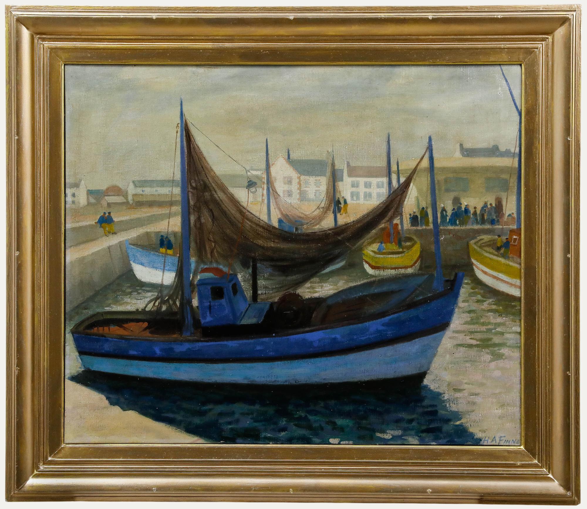 Unknown Figurative Painting - Hubert Arthur Finney (1905-1991) - Framed Oil, Brittany Harbour Scene