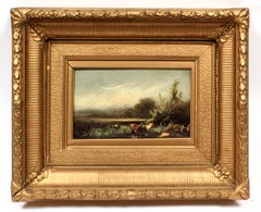 Hudson River oder Barbizon Schule Kühe Breite Goldrahmen Original Ölgemälde 1880