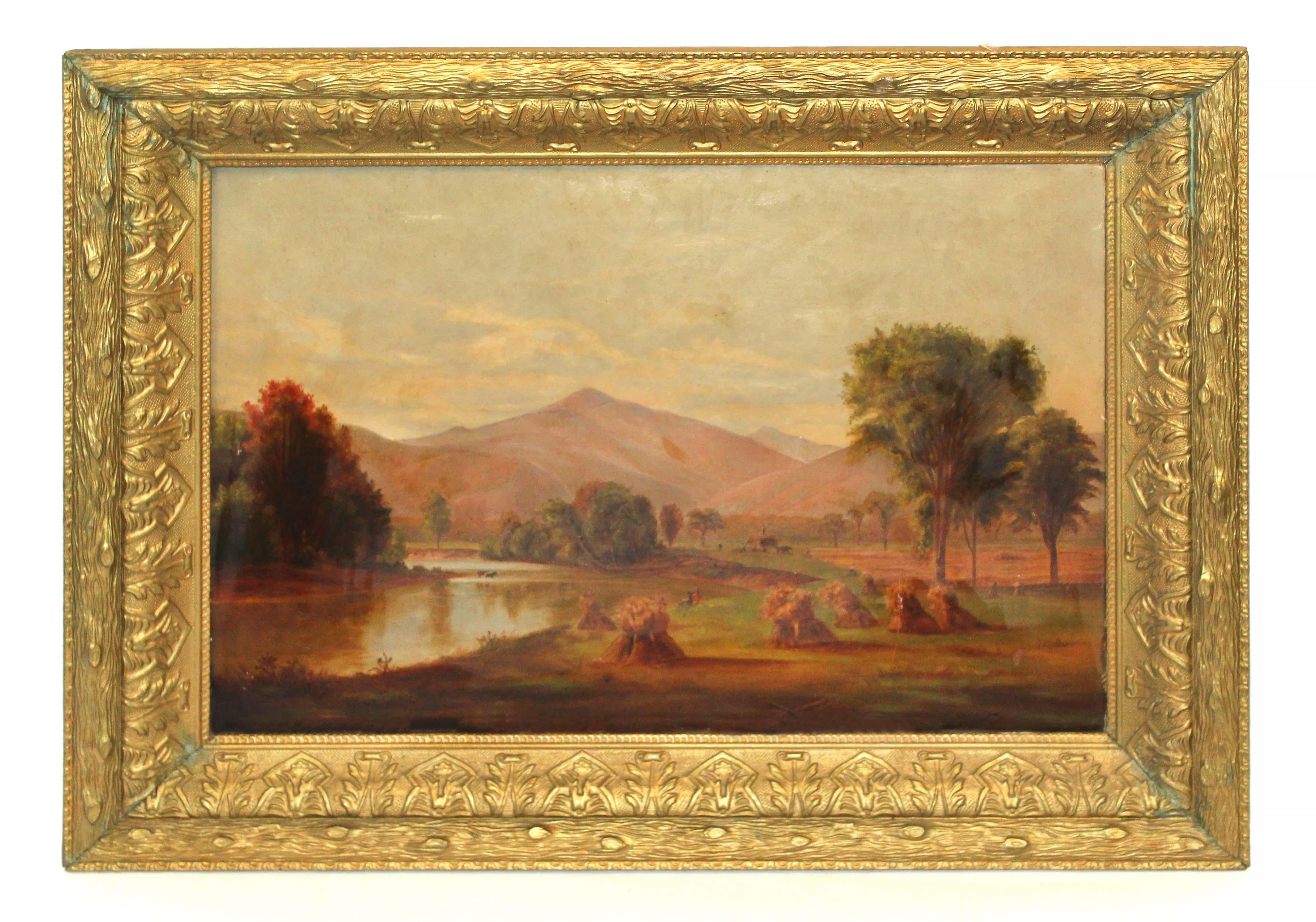 Hudson River School 19th Century American Landscape Mountains Haystack Horses - Painting by Unknown