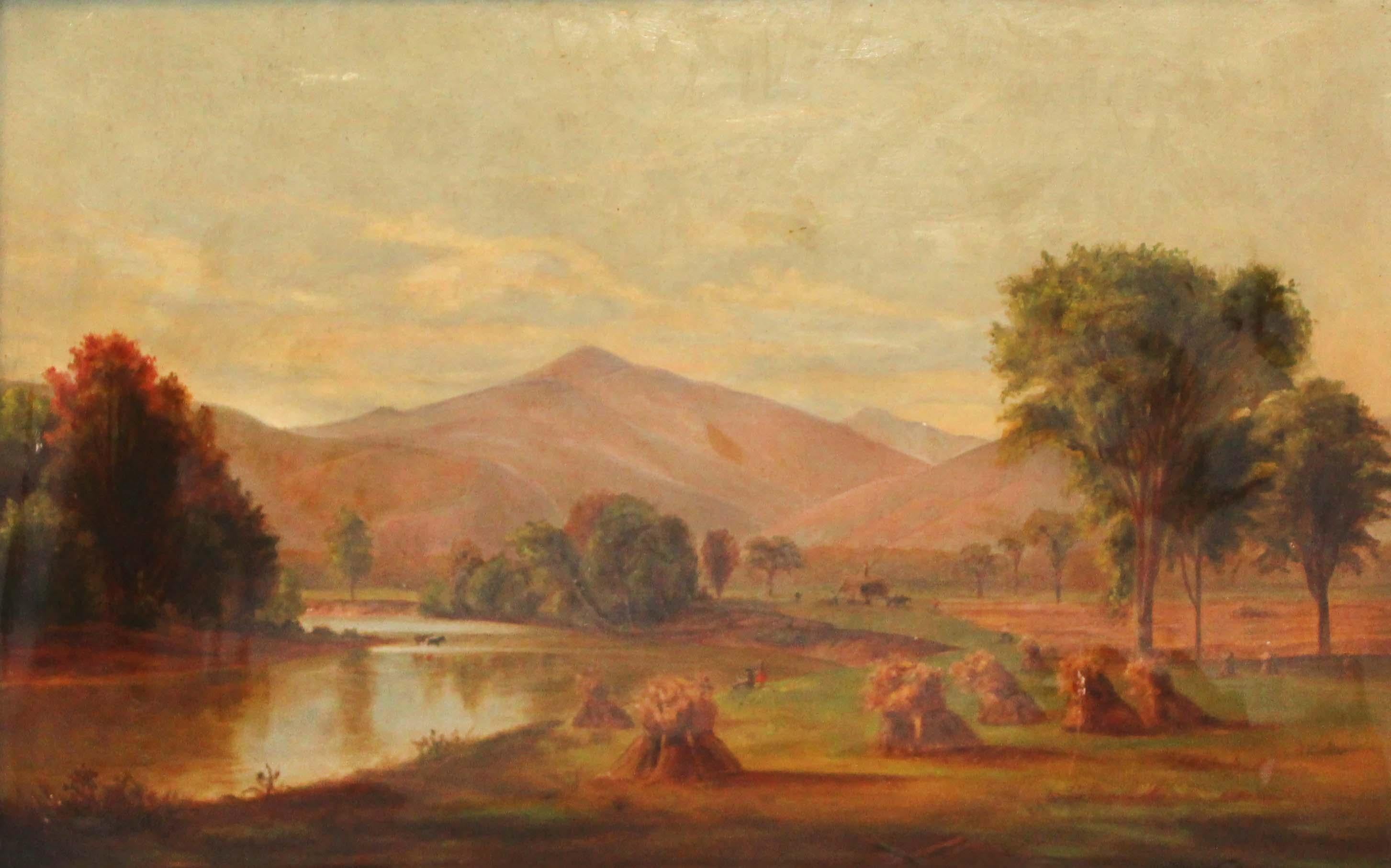 Hudson River School 19th Century American Landscape Mountains Haystack Horses - Brown Figurative Painting by Unknown