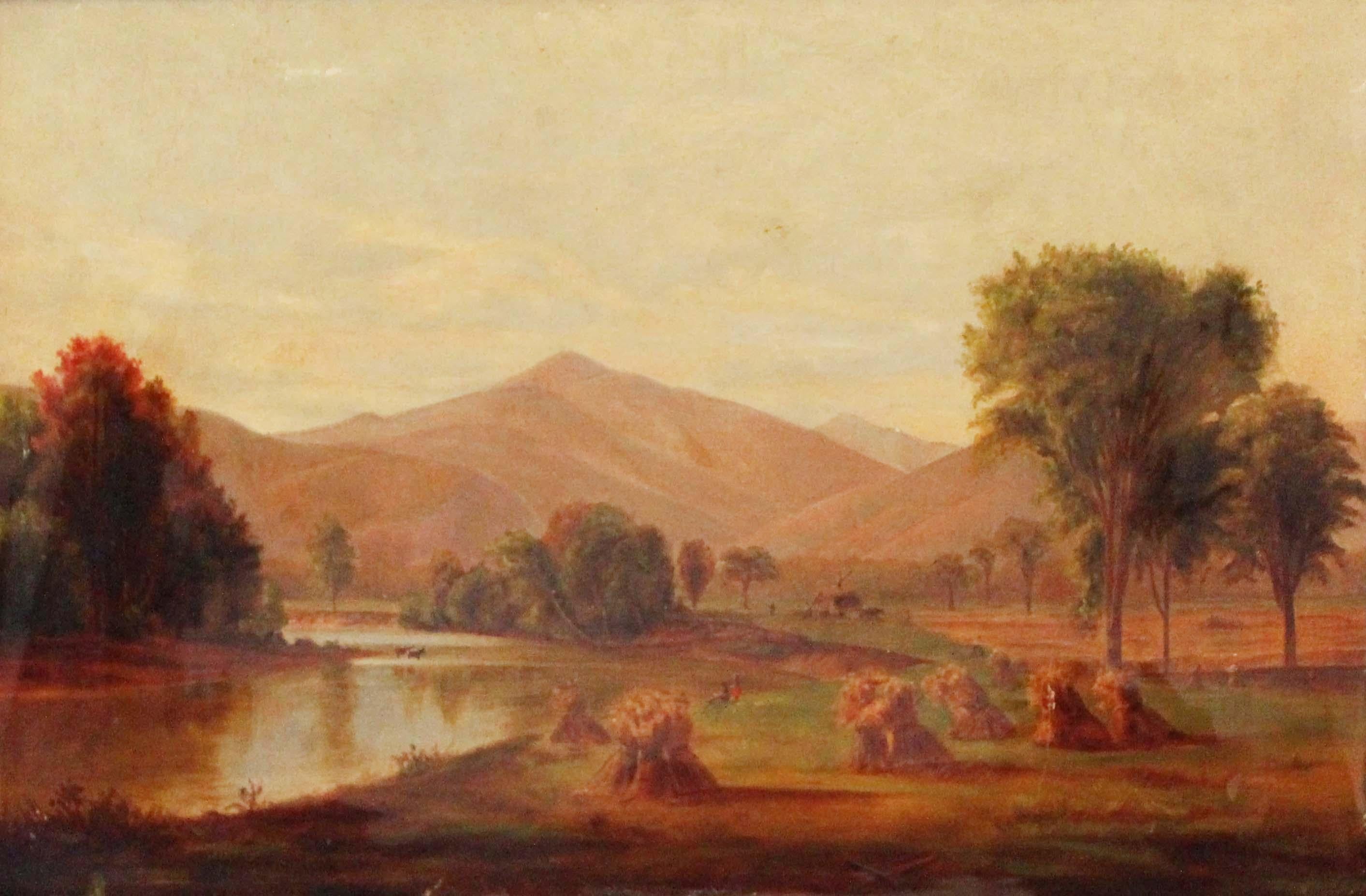 This finely executed 19th century oil painting exemplifies the pastoral grandeur and romantic vision associated with the Hudson River School. The composition presents a tranquil river meandering through a fertile valley, its reflective surface