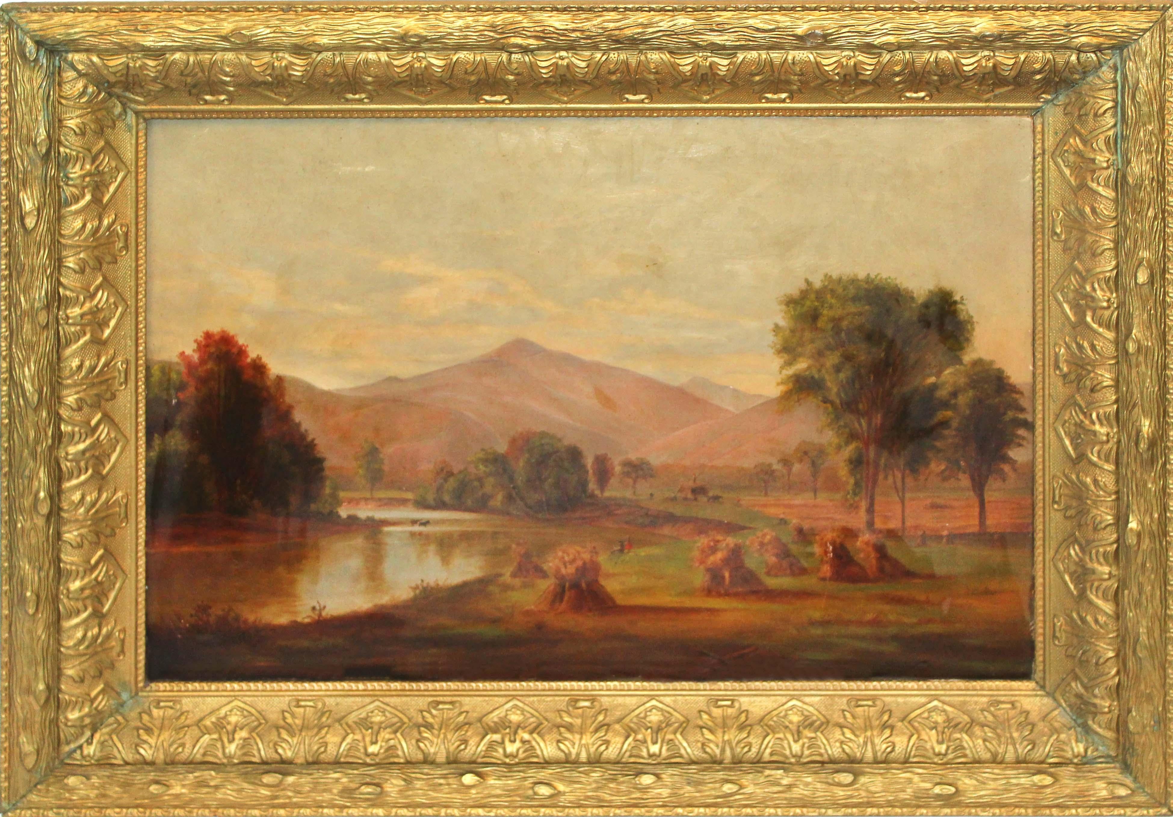 Unknown Figurative Painting - Hudson River School 19th Century American Landscape Mountains Haystack Horses
