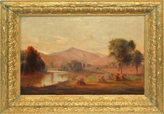 Antique Hudson River School 19th Century American Landscape Mountains Haystack Horses