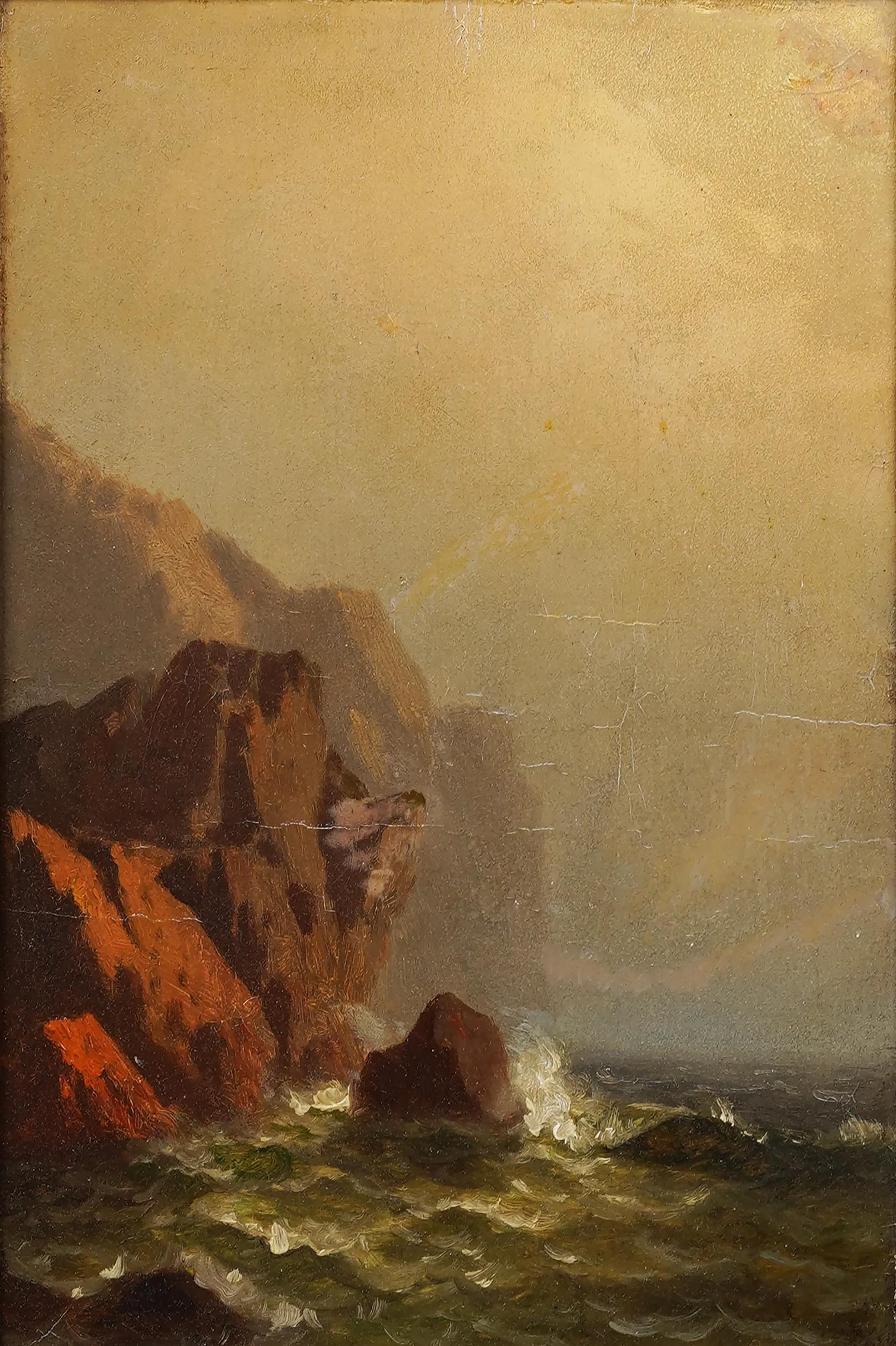 Finely painted American 19th Century Hudson River School landscape oil painting.  Oil on board.  Framed.  No signature found.  Measuring 17 by 20 inches overall and 8 by 12 painting alone.  