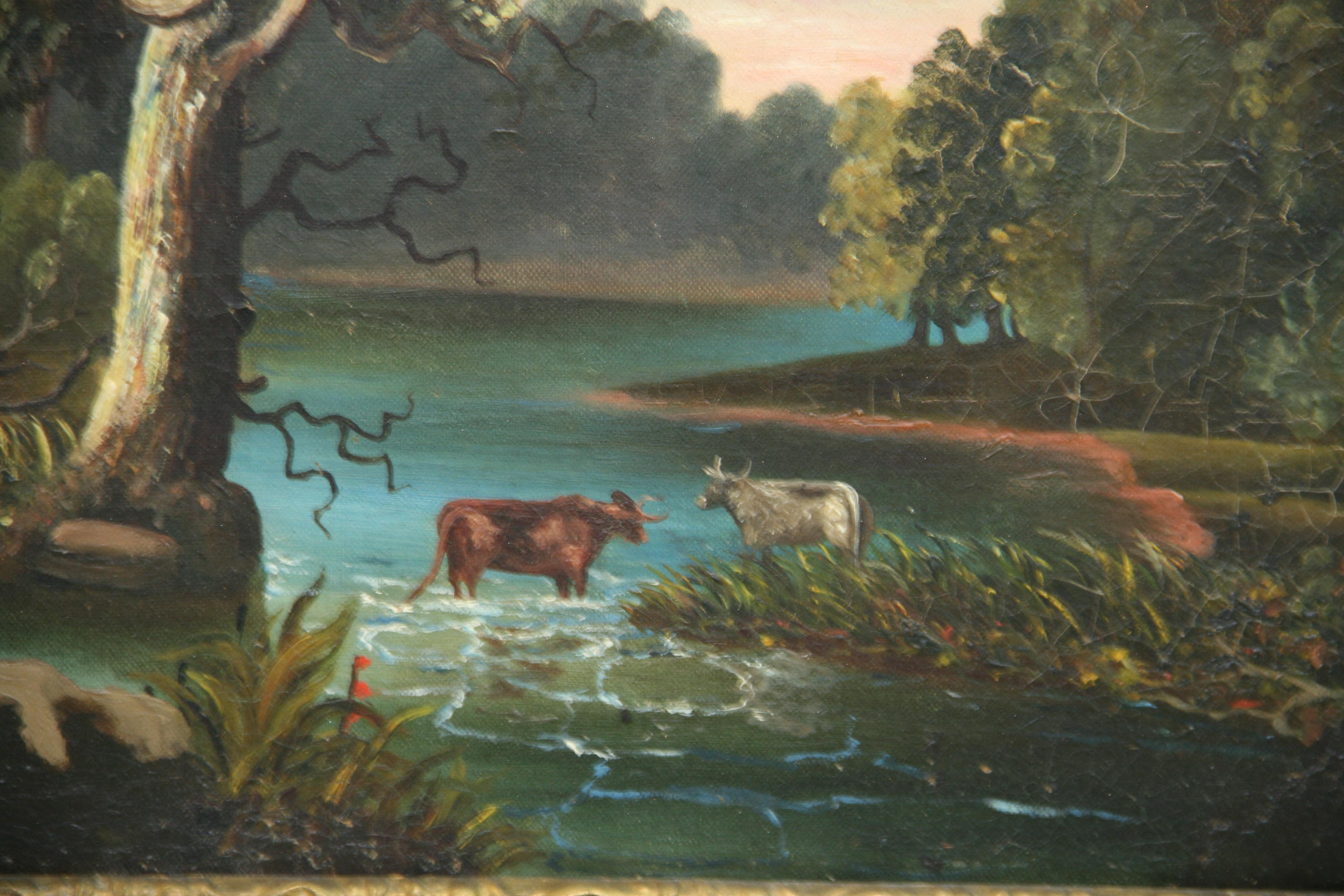 Hudson River School Cows at Rivers Edge Antique Landscape oil Painting For Sale 2