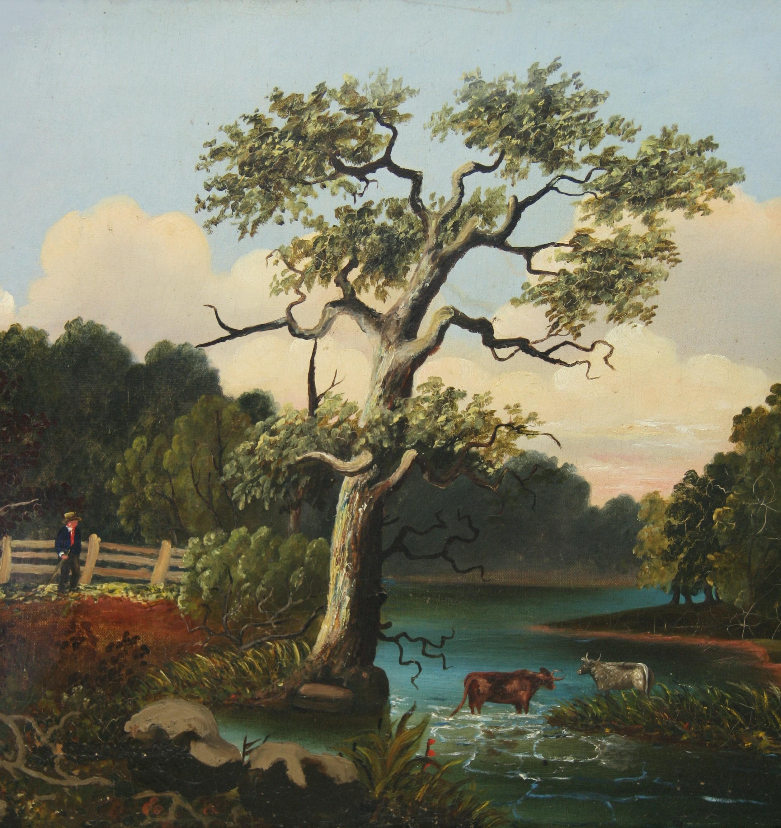 Peinture à l'huile ancienne de l'Hudson River School Cows at Rivers Edge en vente 3