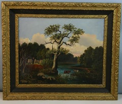 Hudson River School Cows at Rivers Edge Antique Landscape oil Painting