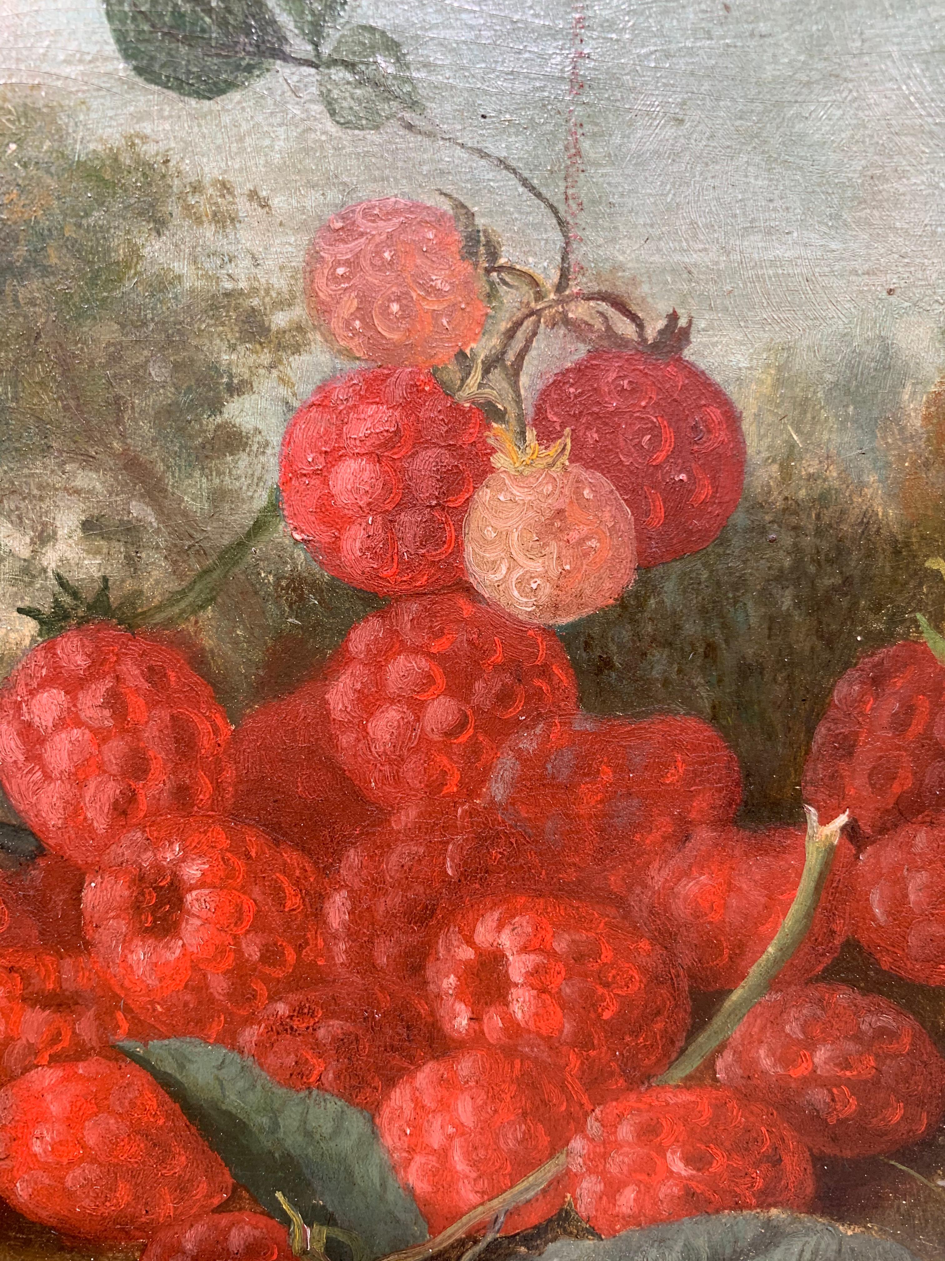 Stunning pair of antique Hudson River School era still life paintings. Each depicts an arrangement of fresh berries in a natural, atmospheric landscape, making them outstanding examples of distinctly American Romantic still life painting. Oil on