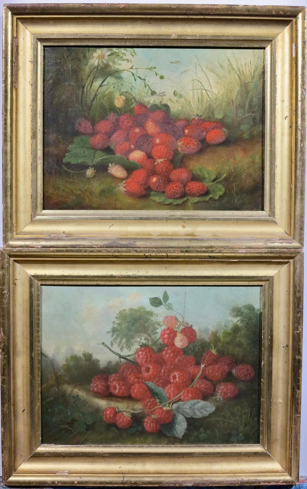 Unknown Still-Life Painting - Hudson River School era fruit still life landscape paintings