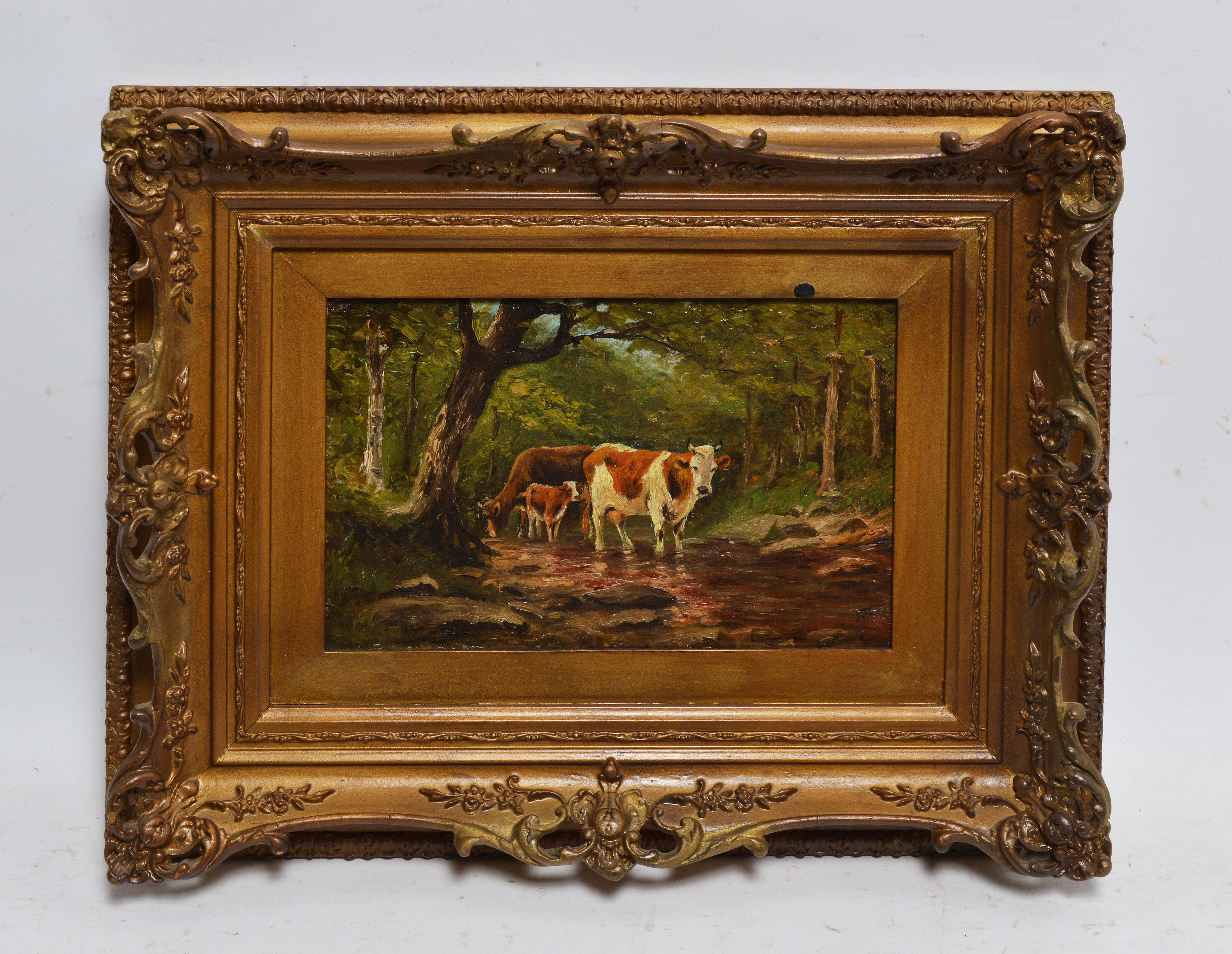 Hudson River School Fall Forest View with Cows - Painting by Unknown