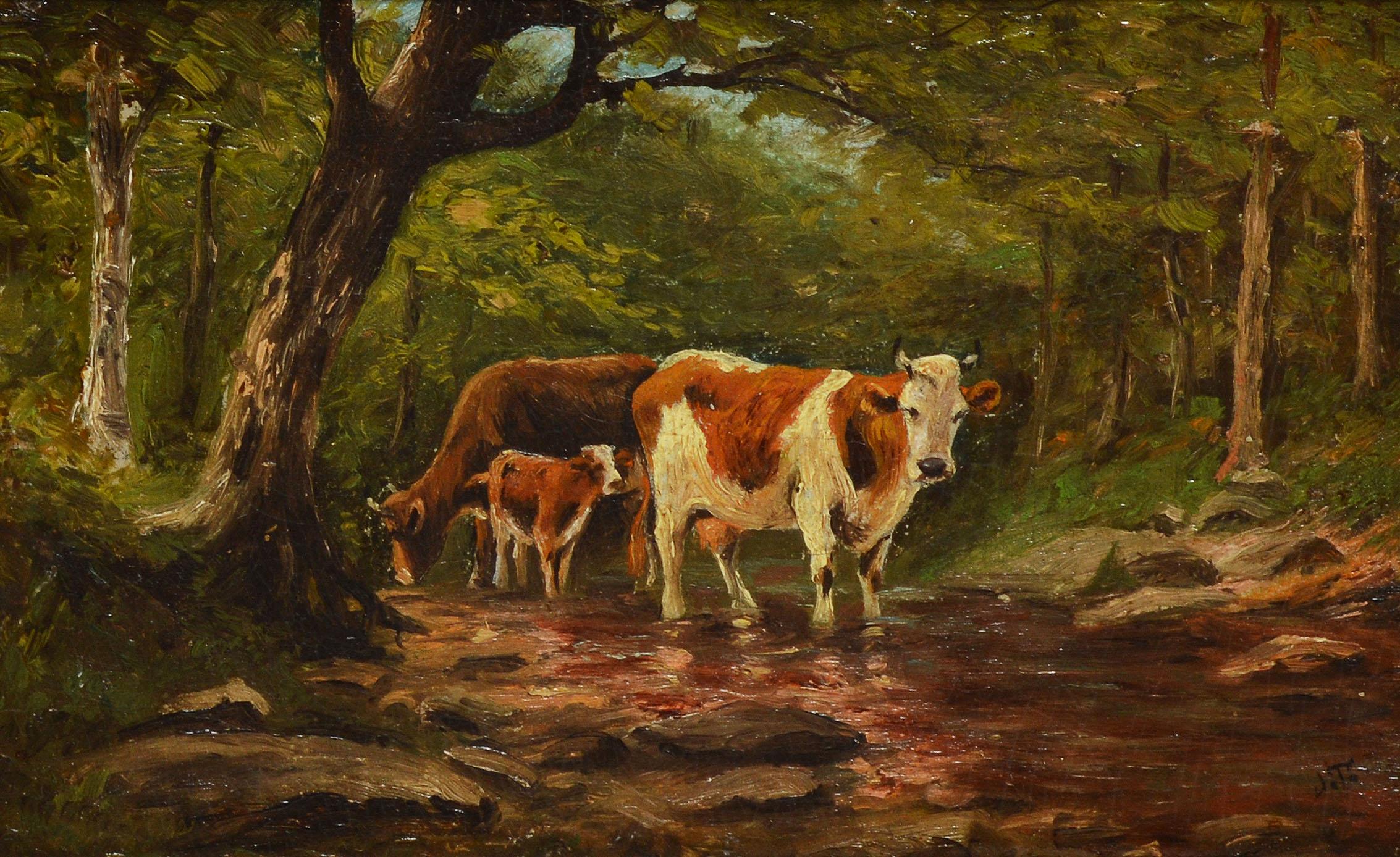 Hudson River School Fall Forest View with Cows - Brown Landscape Painting by Unknown