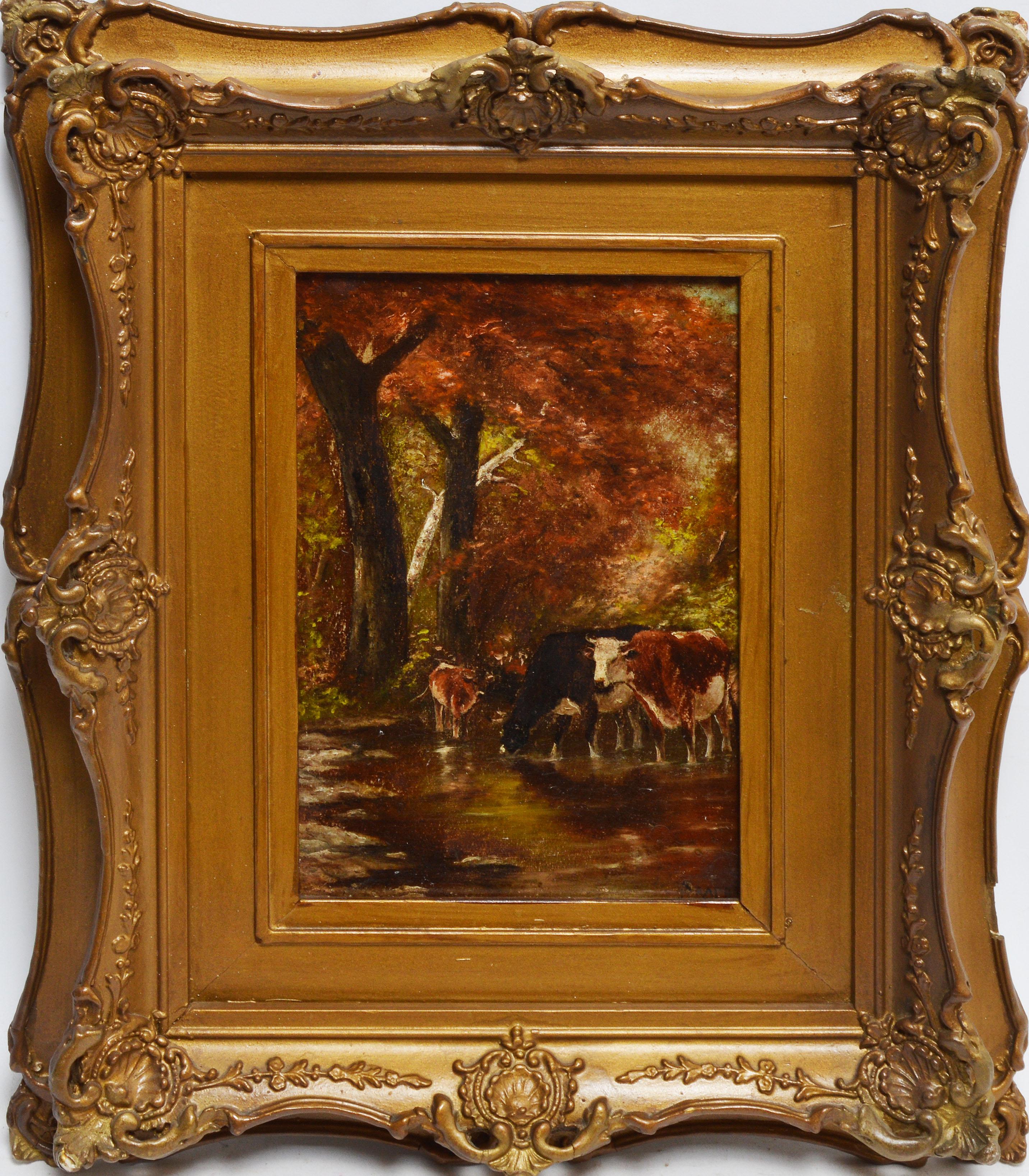 Unknown Landscape Painting - Hudson River School Fall Forest View with Cows