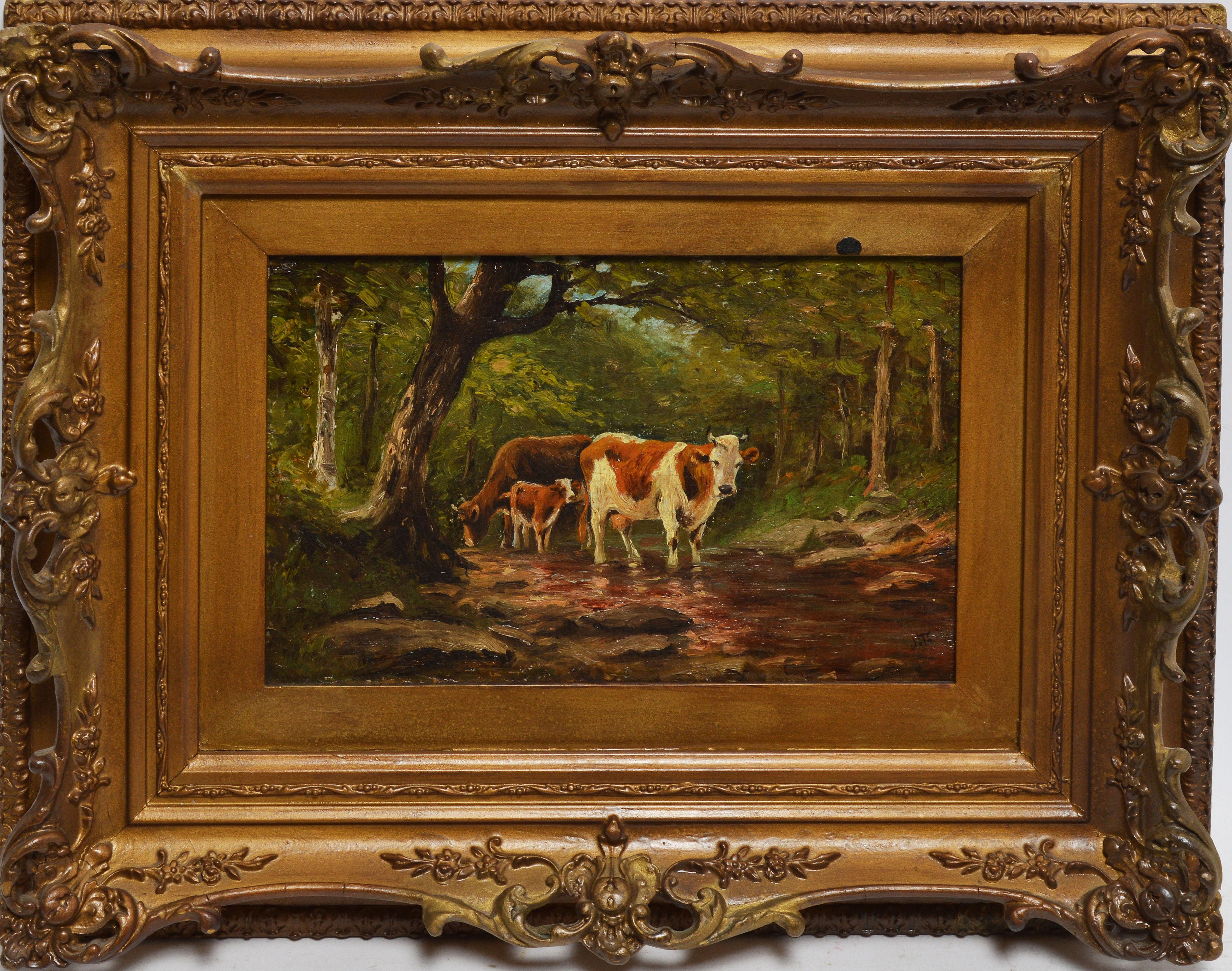 Unknown Landscape Painting - Hudson River School Fall Forest View with Cows