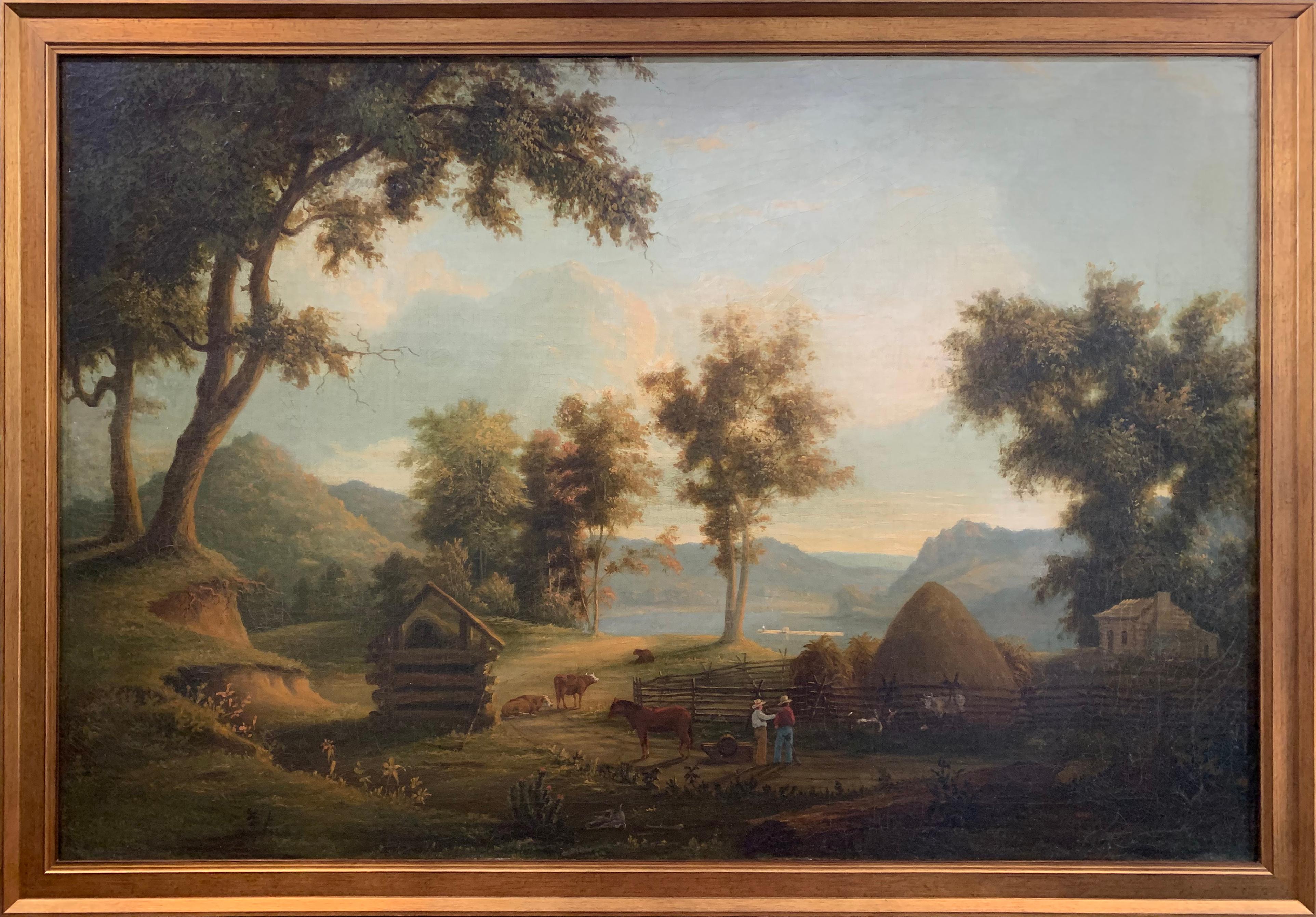 Hudson River School Landscape and Regional River Scene with Figures and Animals