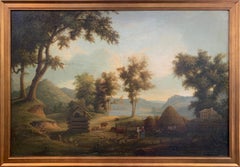 Antique Hudson River School Landscape and Regional River Scene with Figures and Animals