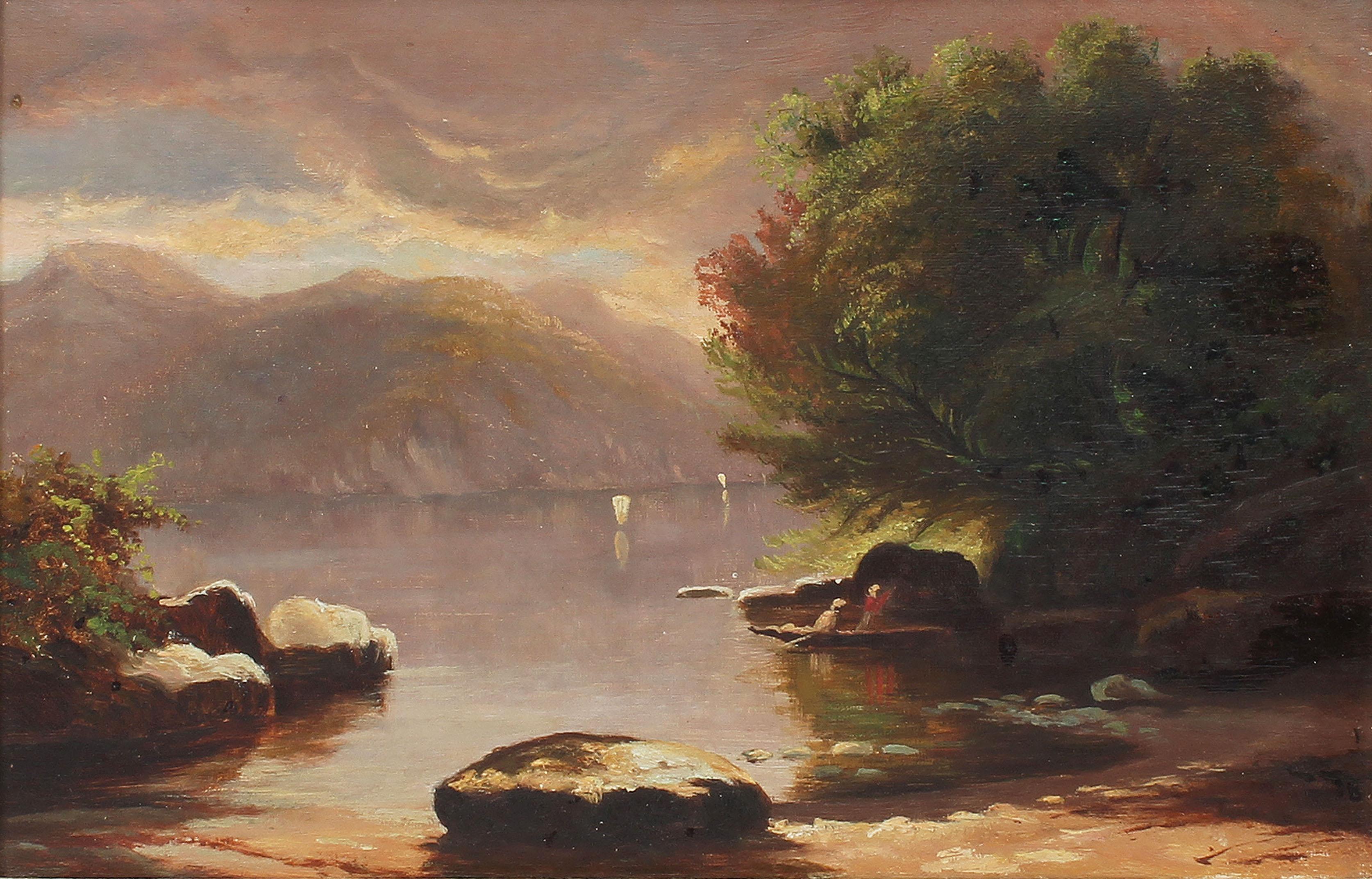 Hudson River School Luminous Sunset Storm Landscape 1870's Original Oil Painting - Brown Landscape Painting by Unknown