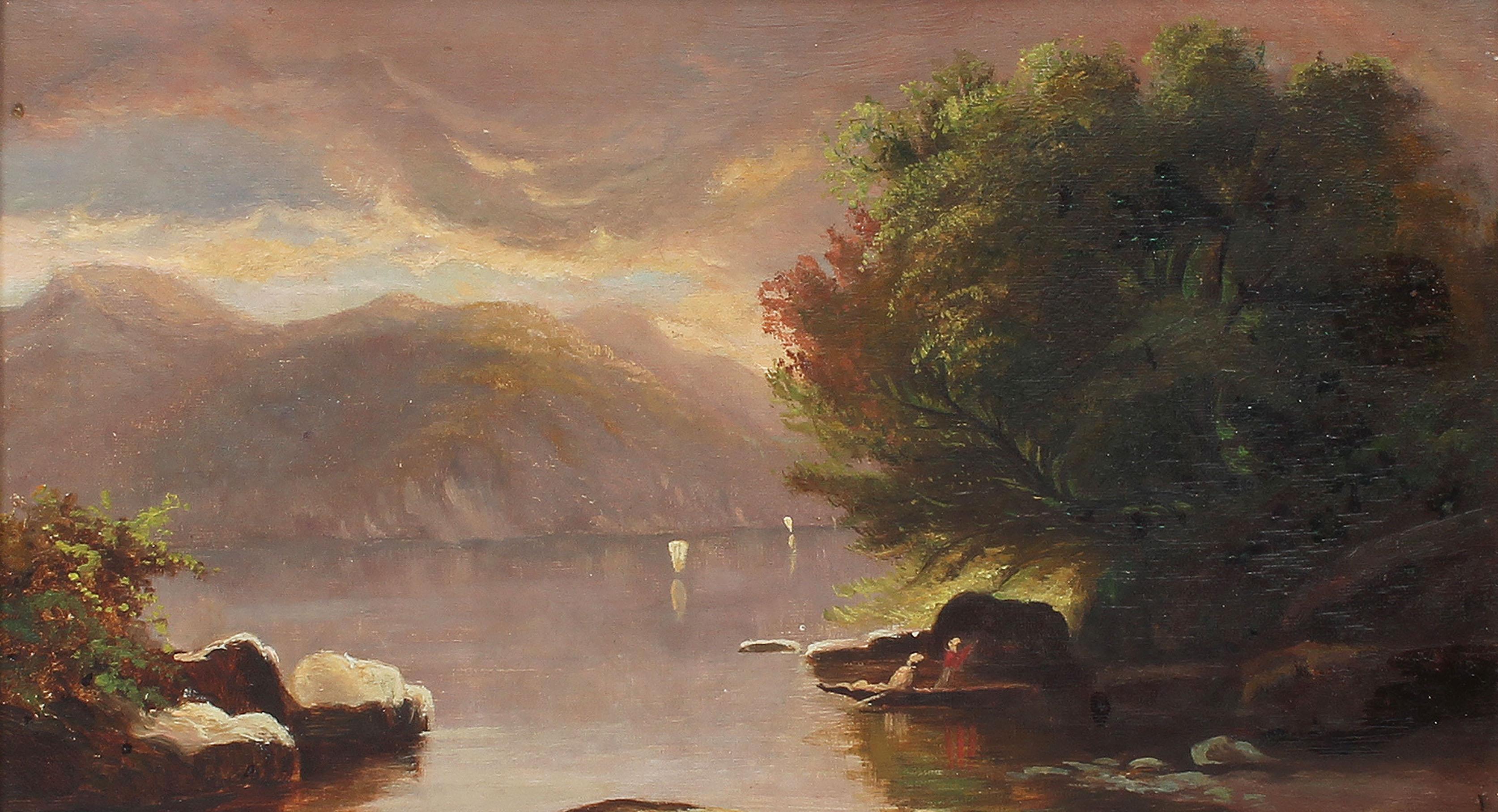 Antique Hudson River School luminous sunset stormy landscape painting.  Oil on canvas, circa 1870.  Unsigned.  Displayed in a period giltwood fluted cove frame.  Image size, 12
