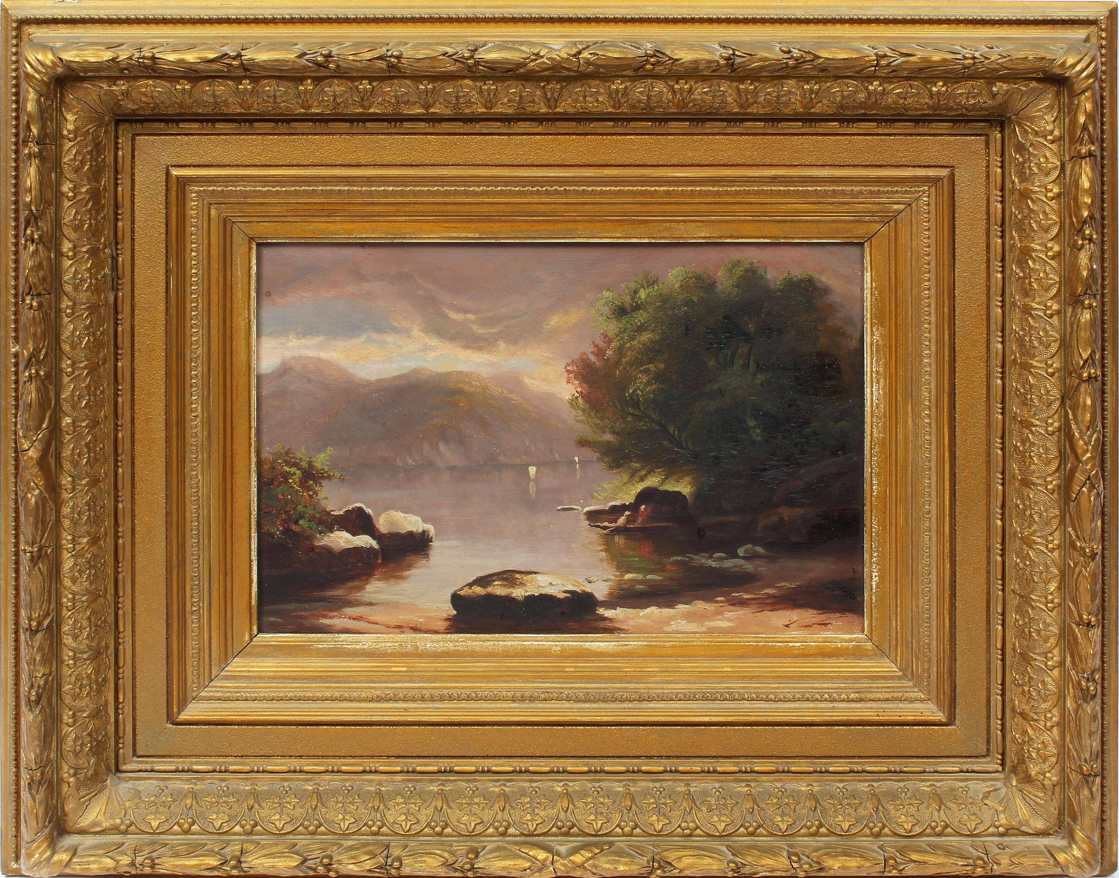 Unknown Landscape Painting - Hudson River School Luminous Sunset Storm Landscape 1870's Original Oil Painting
