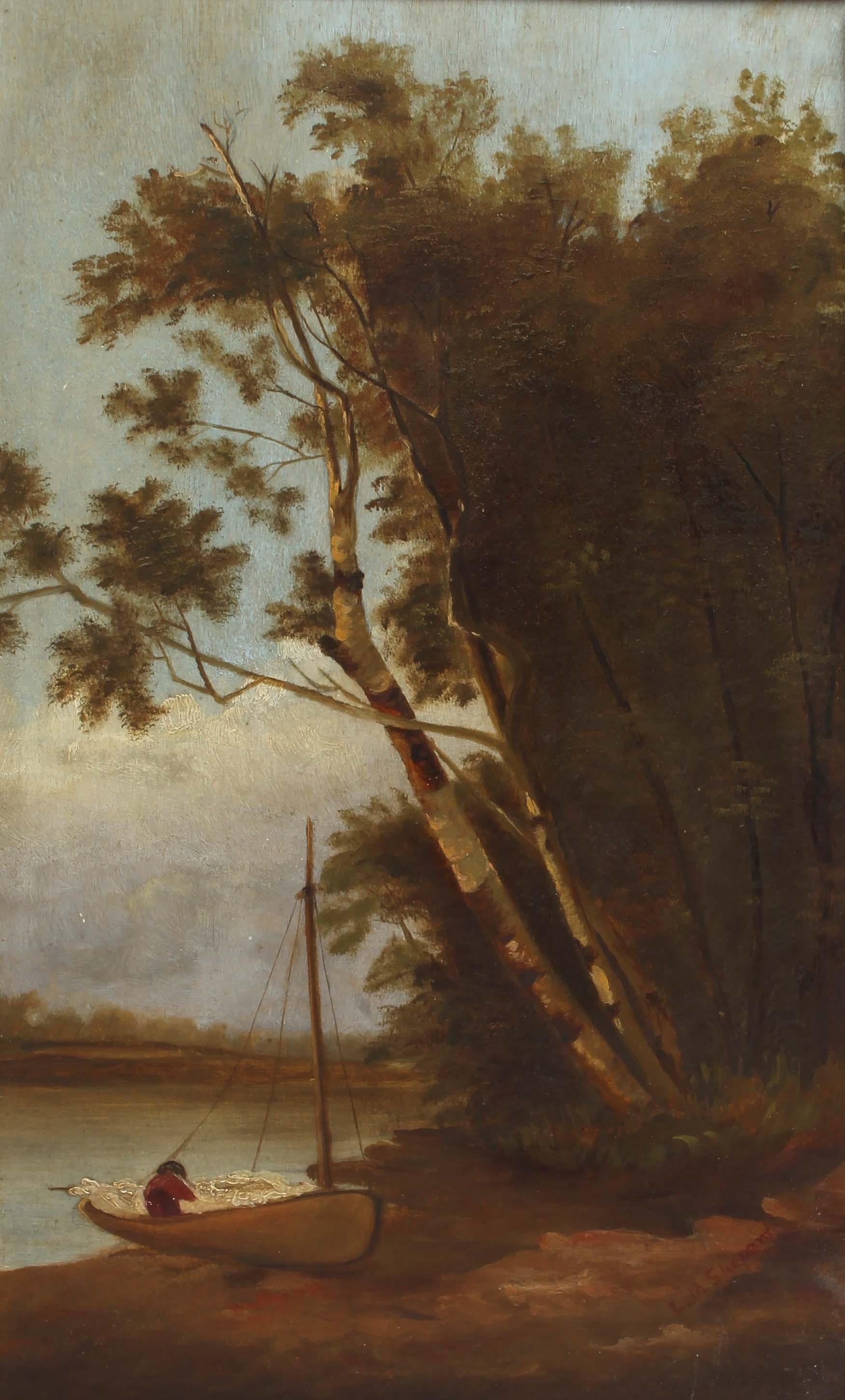 Hudson River School Original Amerikanisches Ölgemälde Cano Gerahmte Bäume 19.C. (Braun), Landscape Painting, von Unknown