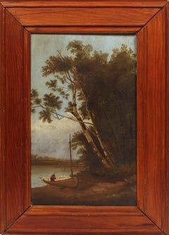 Hudson River School Original American Oil Painting Canoe Framed Trees 19th C