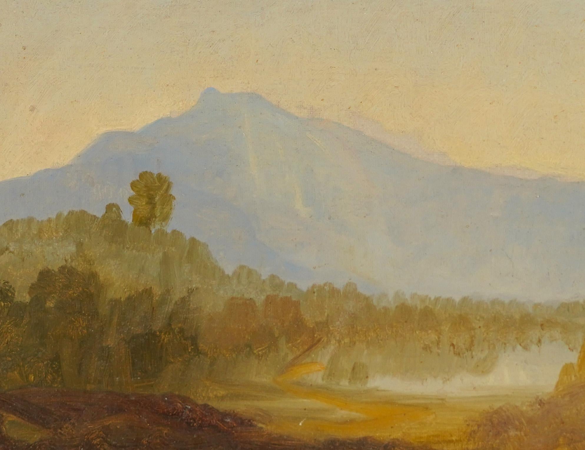 Hudson River School Plein Air Oil Painting Sketch on Paper Mountain Landscape - Brown Landscape Painting by Unknown