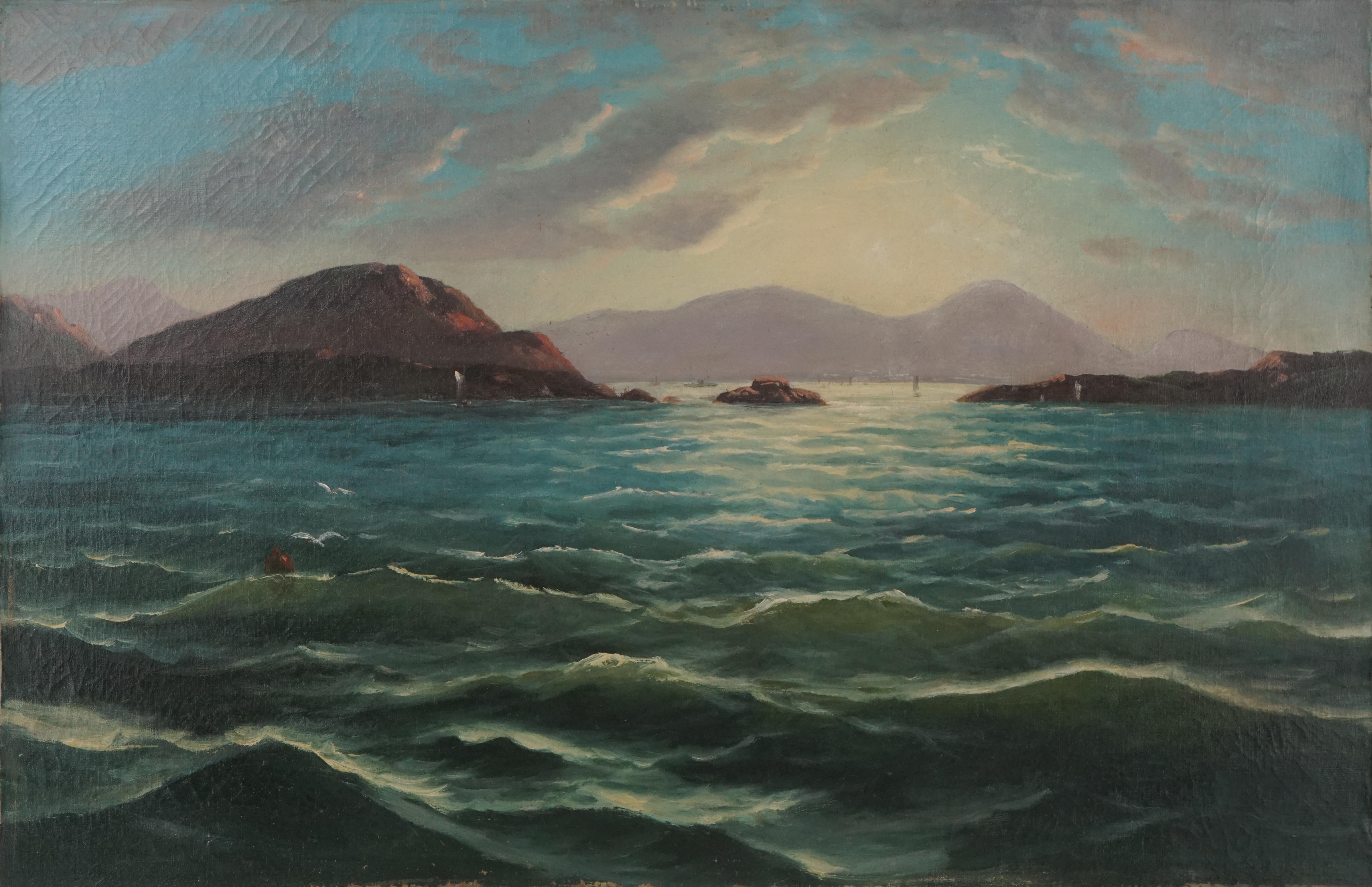 Paysage marin de l'Hudson River School au coucher du soleil - Painting de Unknown