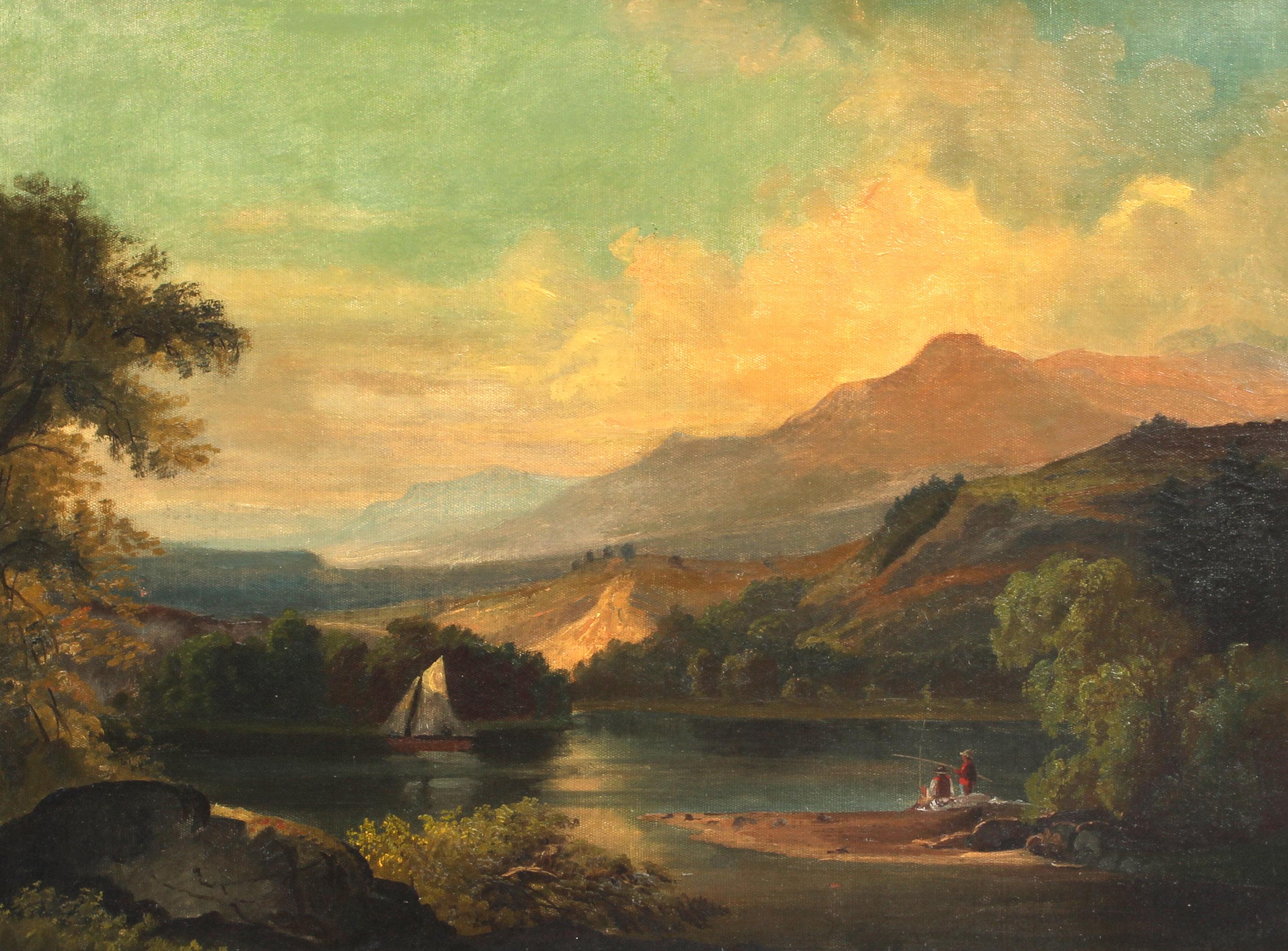 Hudson River School White Mountain Fishing American Oil Painting Frame 1880's - Brown Landscape Painting by Unknown