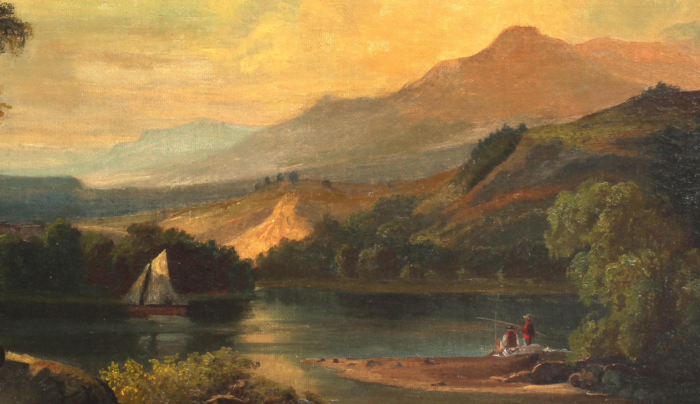 An expansive 19th Century Hudson River School panoramic landscape with figures fishing by the bank.

This gorgeous painting comes housed in a period frame which enhances the presentation on the wall.

Bearing similarities to the works of Benjaman
