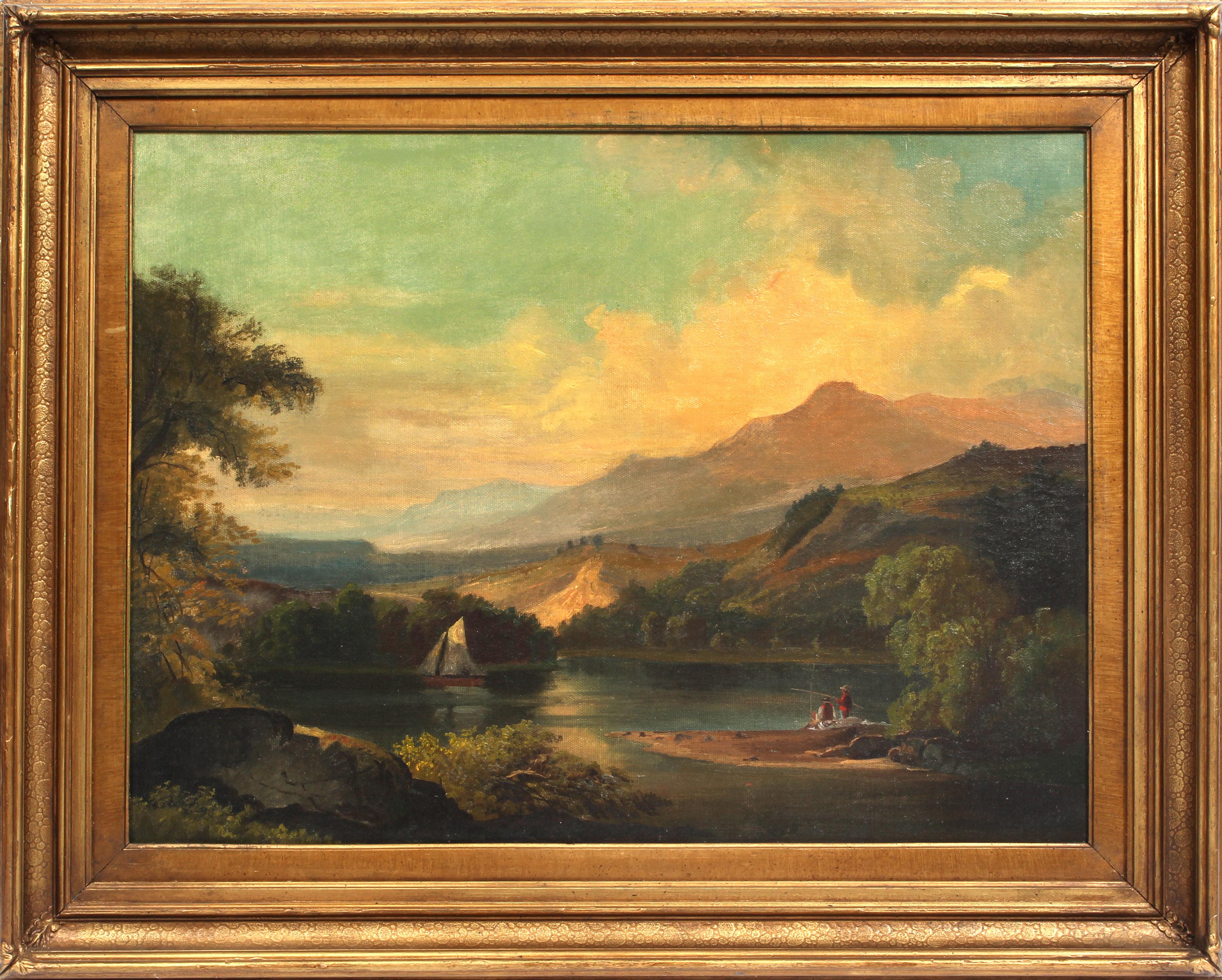 Unknown Landscape Painting - Hudson River School White Mountain Fishing American Oil Painting Frame 1880's