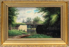 Hudson River Valley Bridge Antique American Oil Painting Framed NYC 19th Century