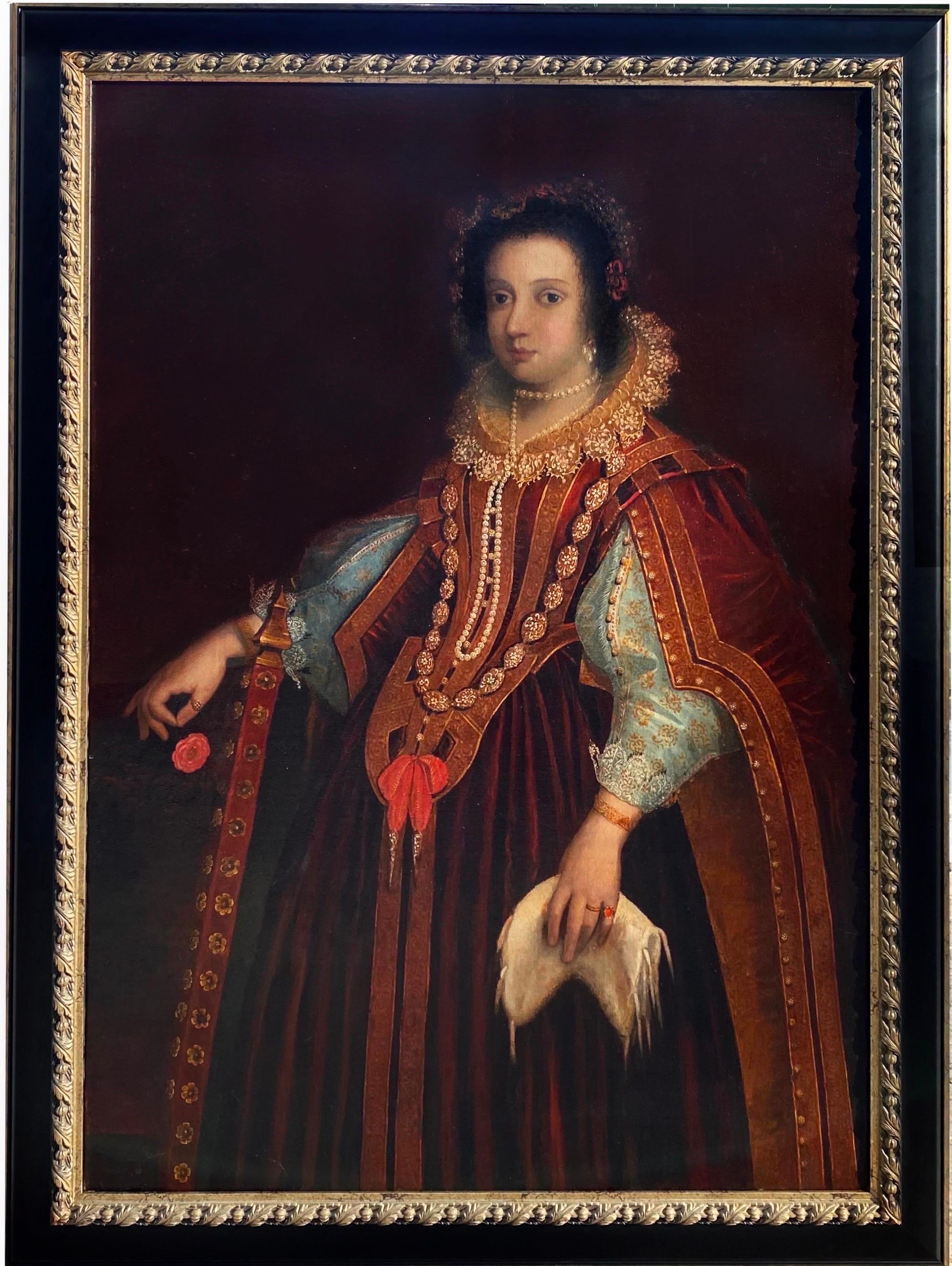 Unknown Portrait Painting - Huge 16th century Spanish portrait of a young lady - Royal court Pearl