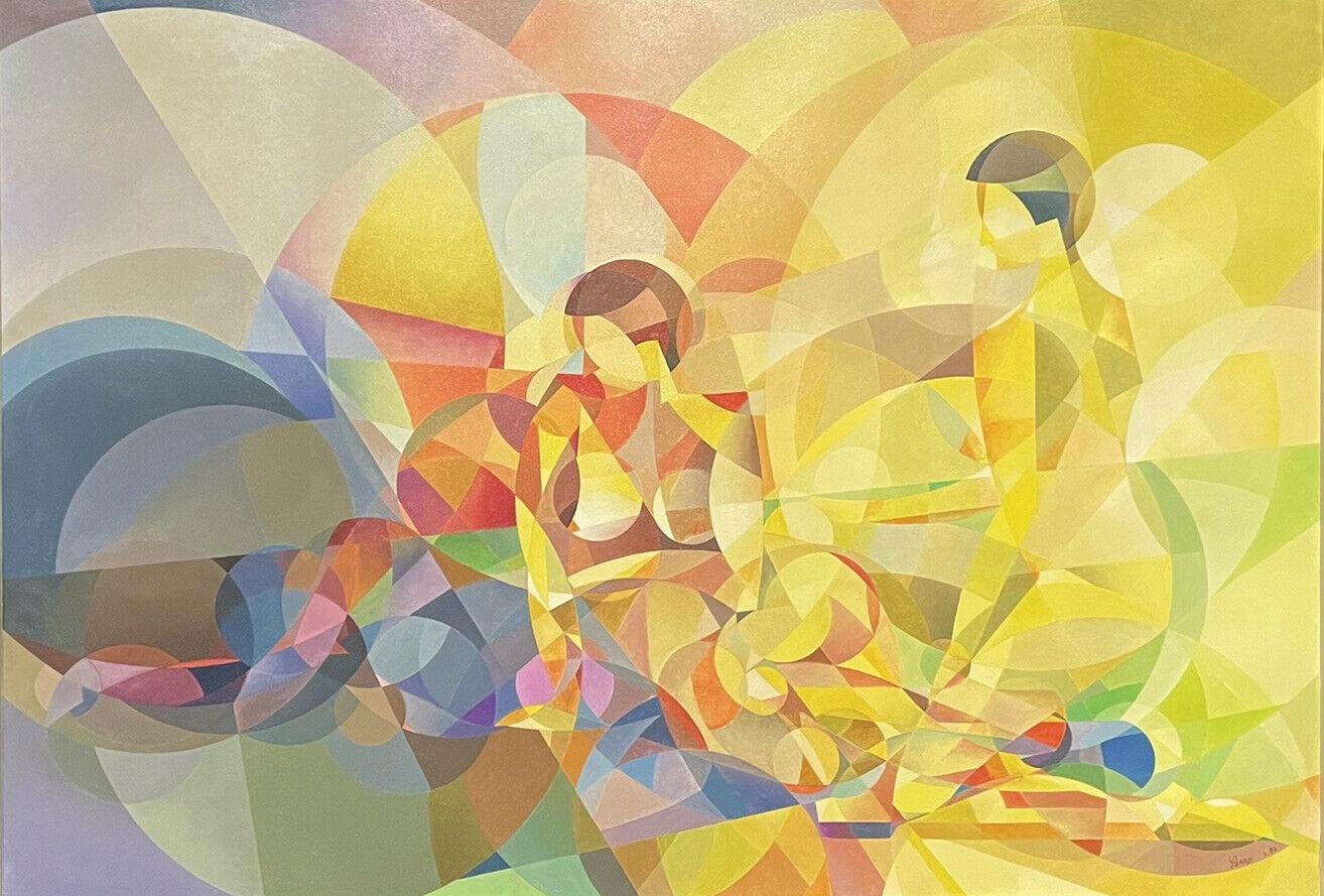 Unknown Abstract Painting - HUGE 1970
S FRENCH CUBIST ABSTRACT SIGNED FRENCH OIL - BRIGHT 
COLORFUL FIGURES