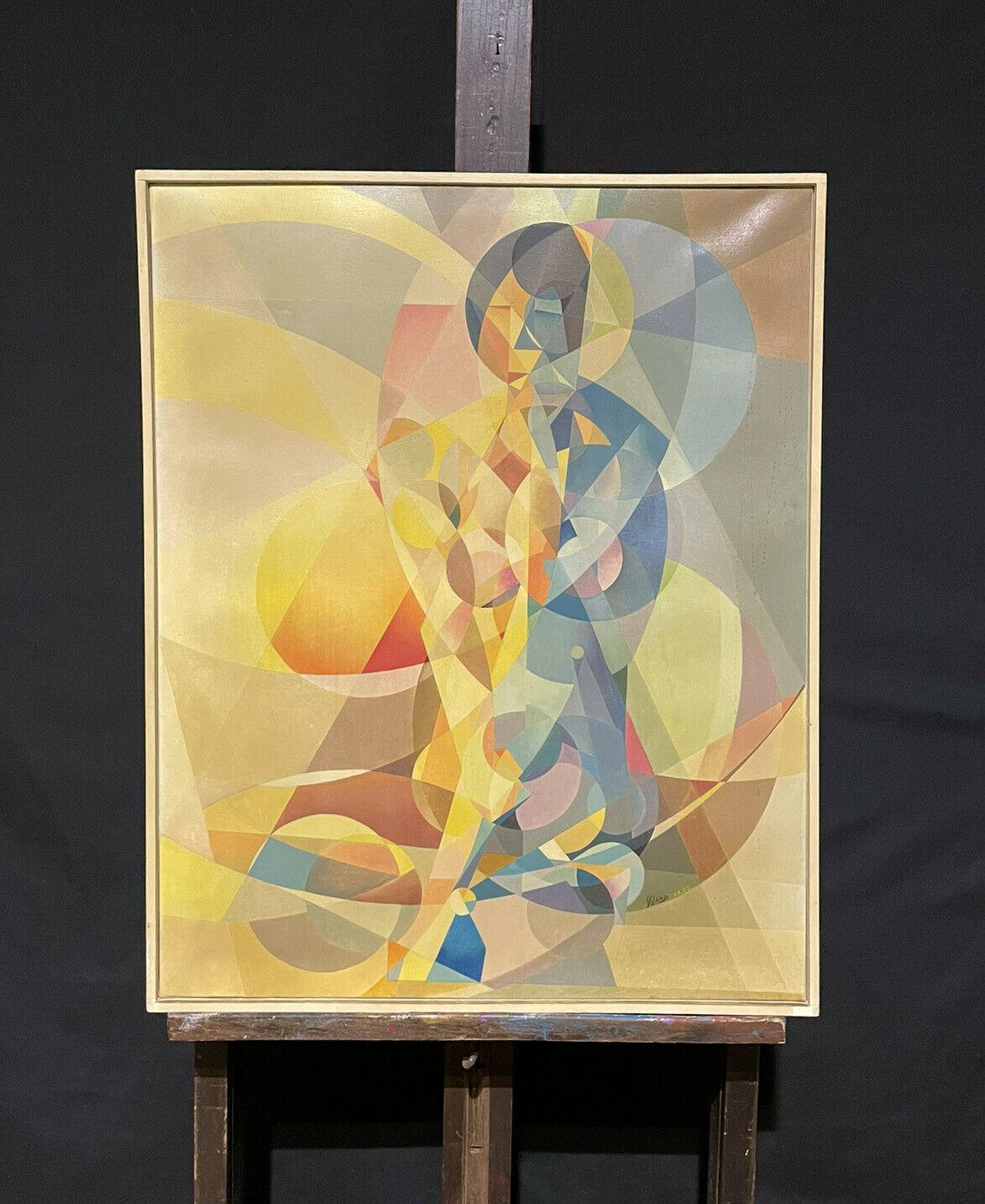 HUGE 1970'S FRENCH CUBIST ABSTRACT SIGNED FRENCH OIL - BRIGHT & COLORFUL NUDE - Painting by Unknown