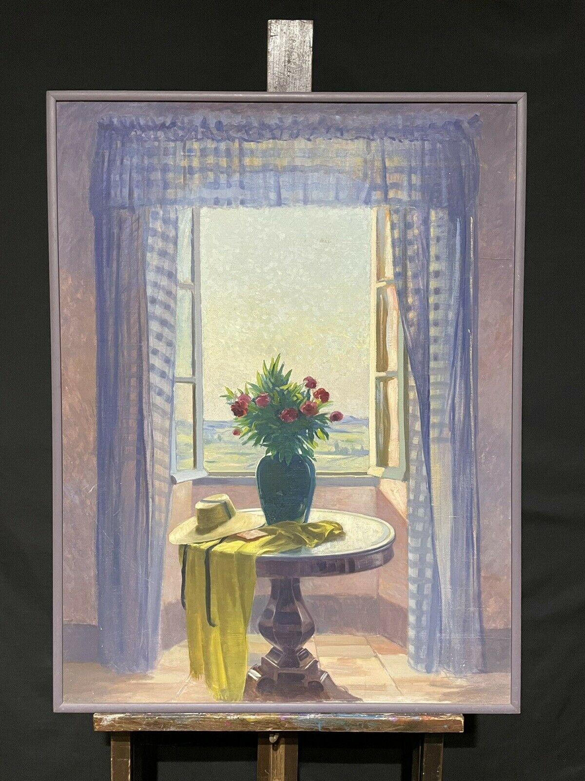 HUGE 1980'S FRENCH IMPRESSIONIST OIL - FLOWERS INTERIOR LOOKING OUT OF WINDOW - Painting by Unknown