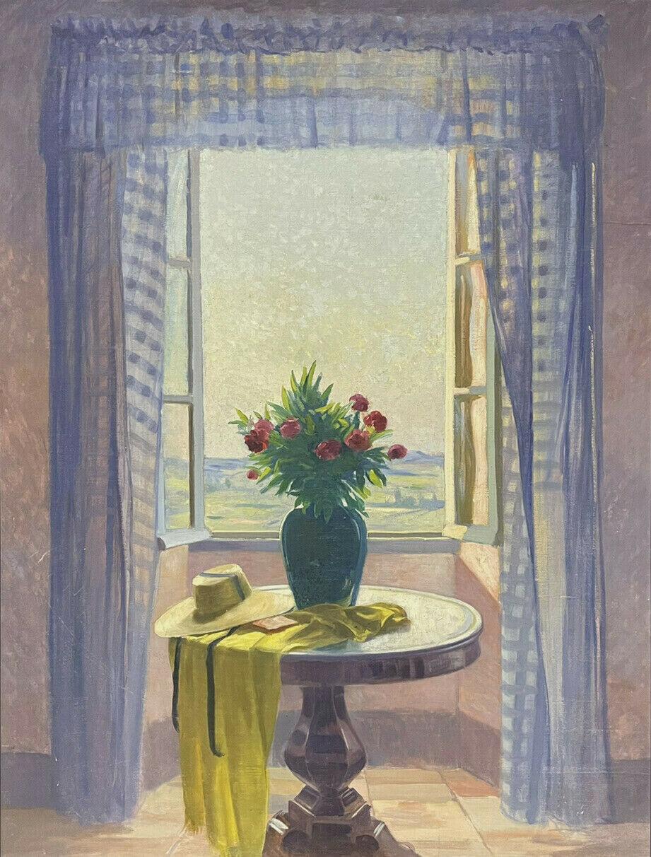 Unknown Interior Painting - HUGE 1980'S FRENCH IMPRESSIONIST OIL - FLOWERS INTERIOR LOOKING OUT OF WINDOW